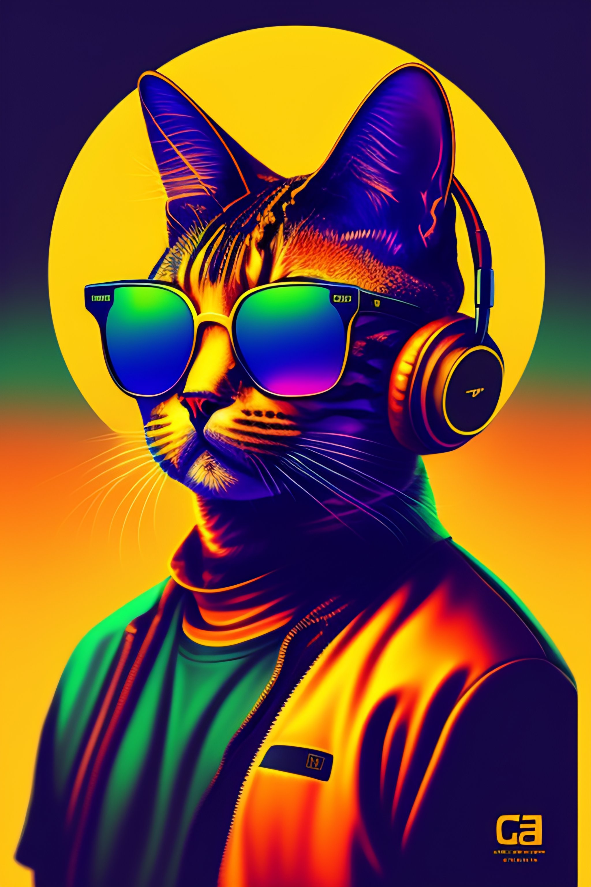 Cat Like A Boss Smoking Cigar, Wearing Colorful Sunglasses And Headphone, T Shirt Design, Retro, Vintage, High Quality, Flat Design, Perfect