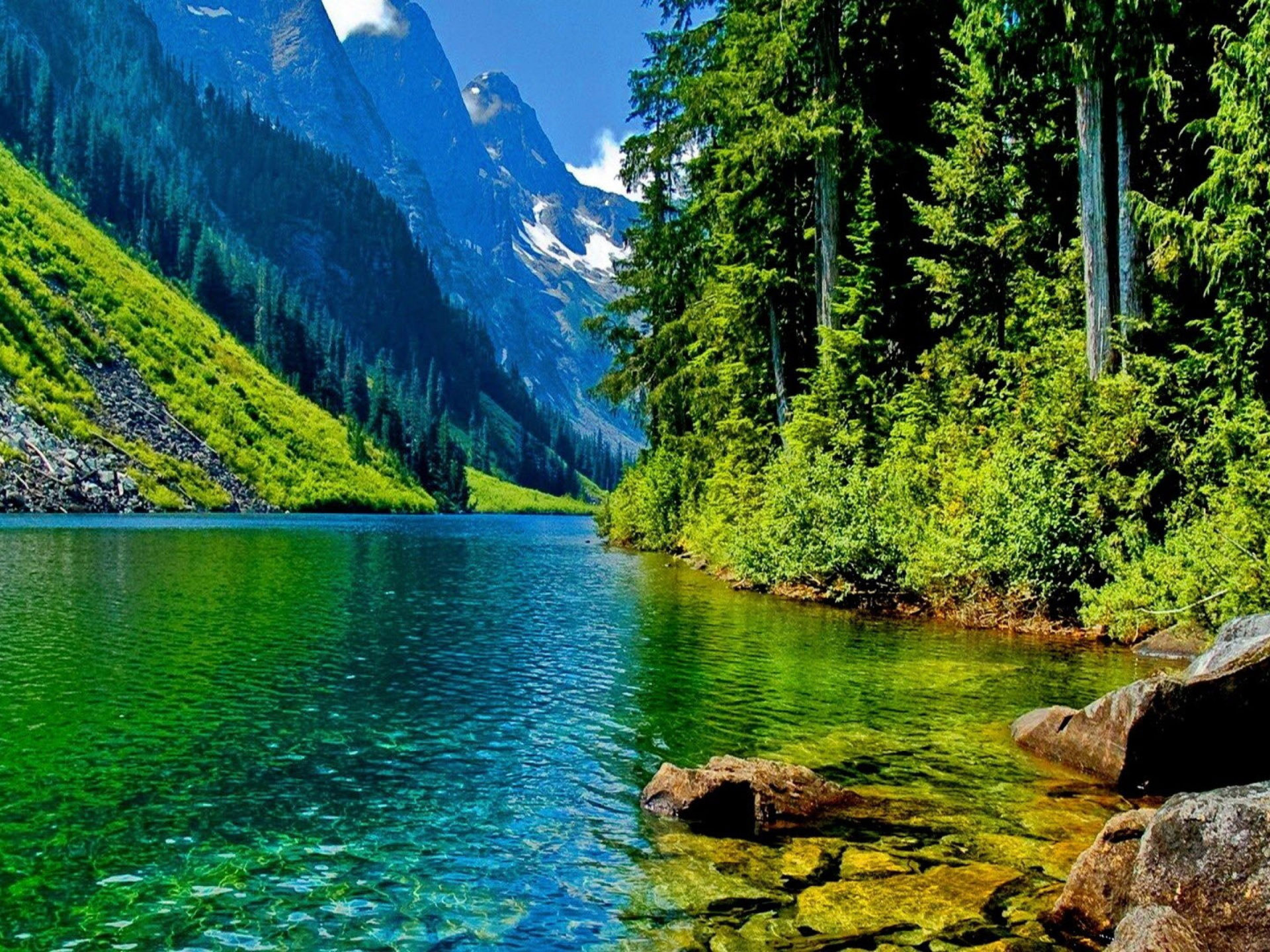 Nature Landscape Clear Mountain River Stone Pine Forest And Mountainous Peaks Desktop Wallpaper HD 4780, Wallpaper13.com