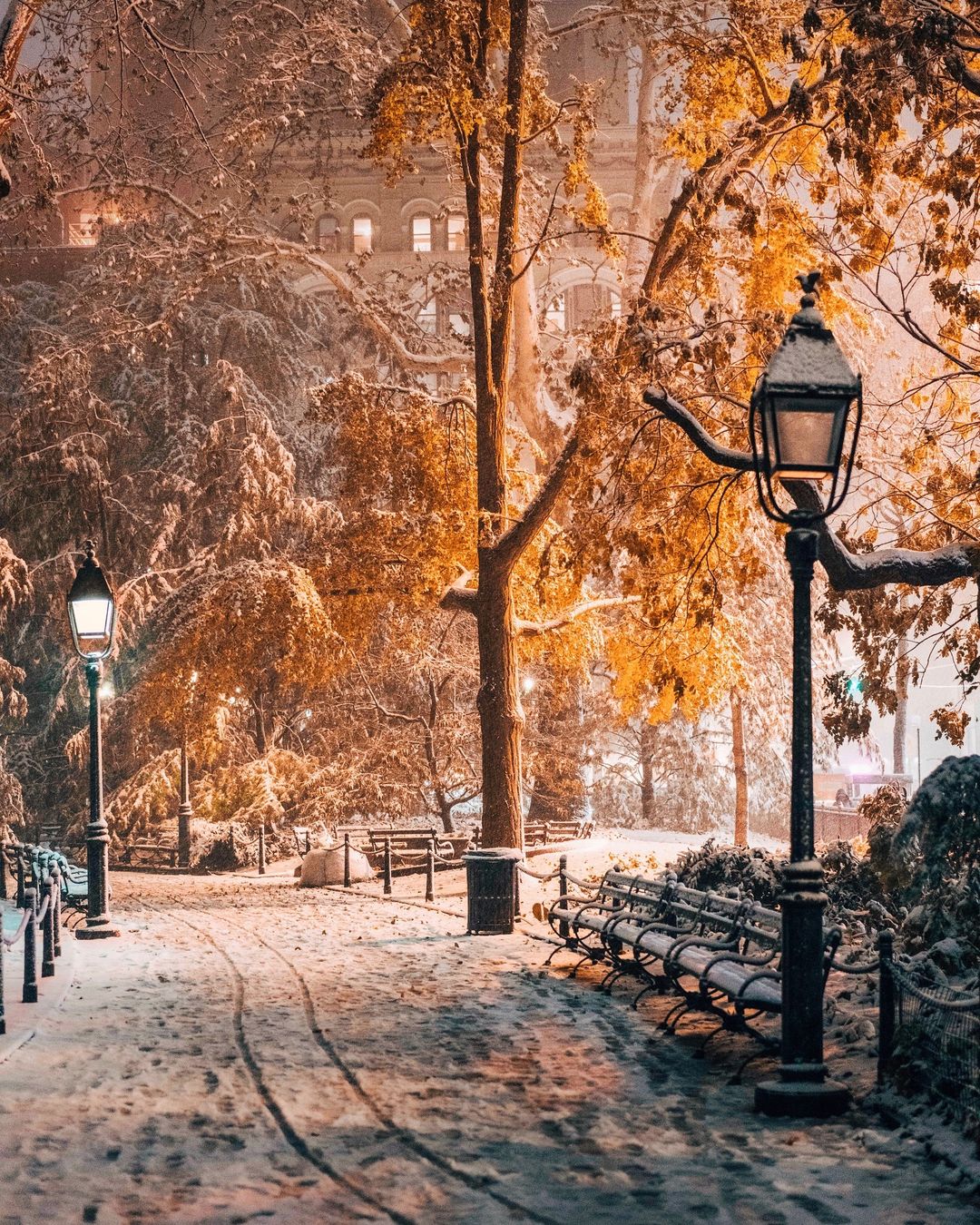When winter met autumn, Washington Square Park in Greenwich Village, Manhattan, New York City