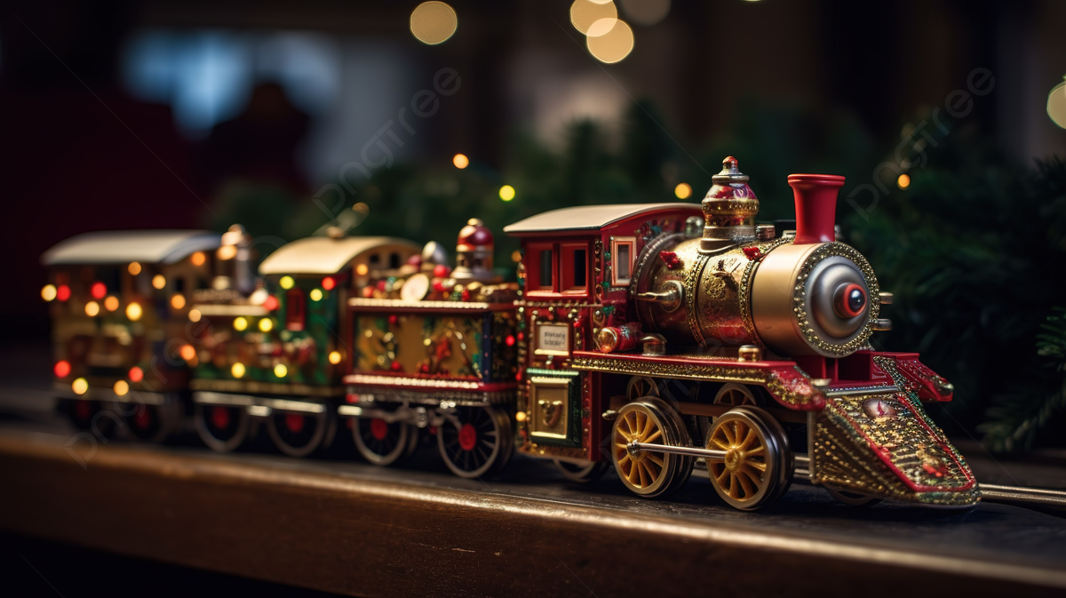 Christmas Train With Christmas Lights On It Background, Christmas Toy Train With Santa Claus On It And A Golden Chain, HD Photography Photo, Wheel Background Image And Wallpaper for Free Download