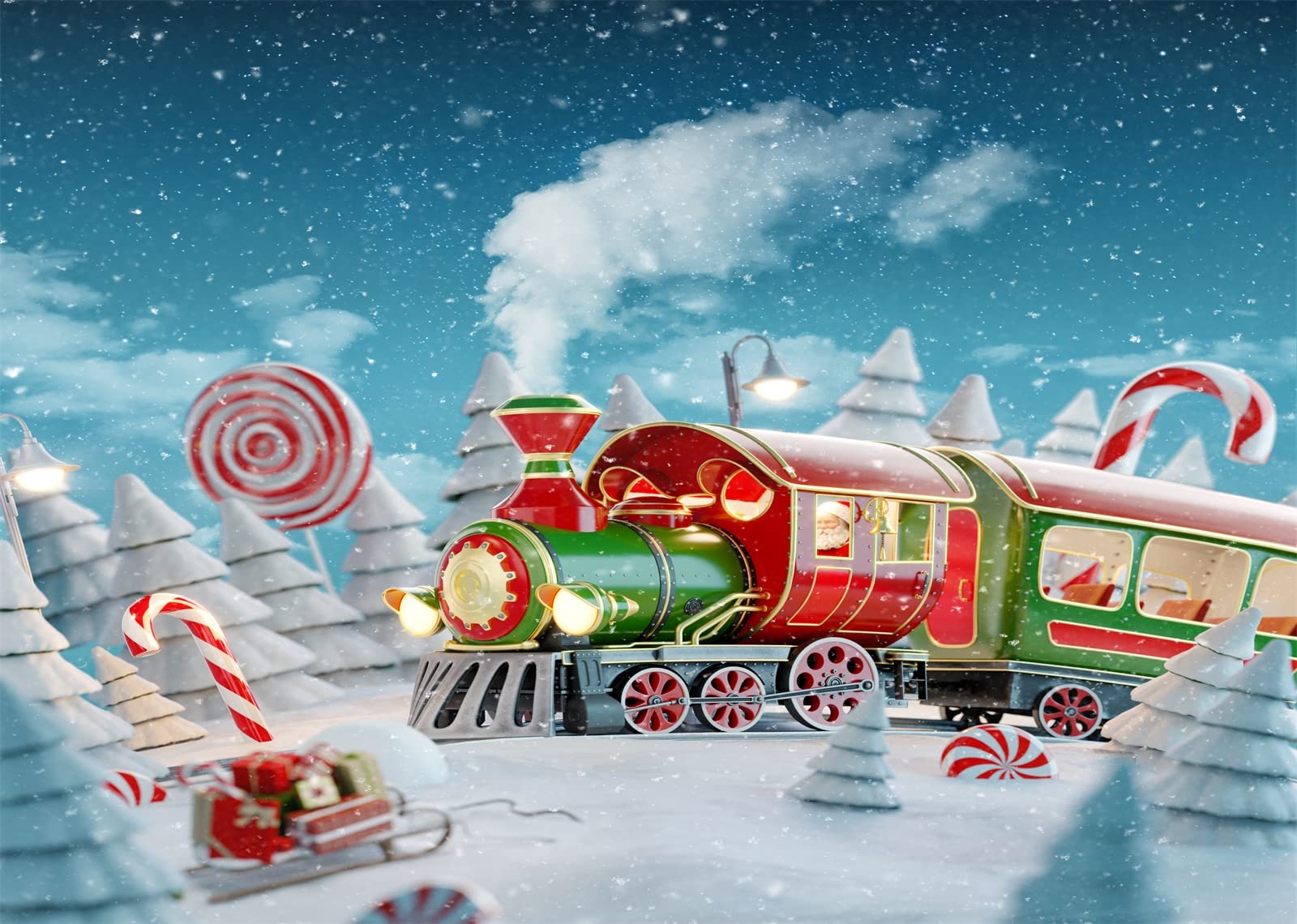 Amazon.com, Loccor Fabric 8x6ft Cartoon Christmas Train Backdrop Winter Xmas Snow Tree Candyland Background Fairy Tale Winter Birthday Party Decorations New Year Banner for Kids Baby Shower Photo Shoot Props