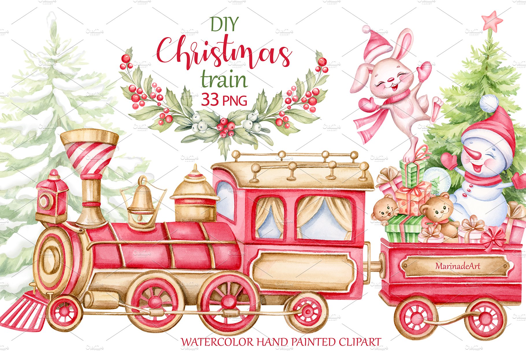 Christmas train watercolor clipart