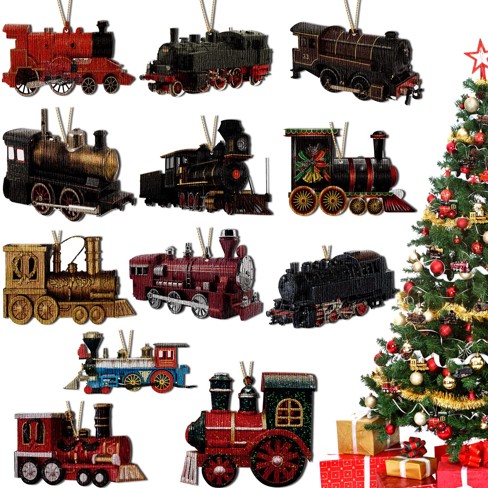 Pieces Train Christmas Tree Ornament Wood Christmas Train Decor Wooden Xmas Train Decorations Christmas Decorative Hanging Ornaments for Christmas Tree Party Wall Decor, 12 Styles, Home & Kitchen