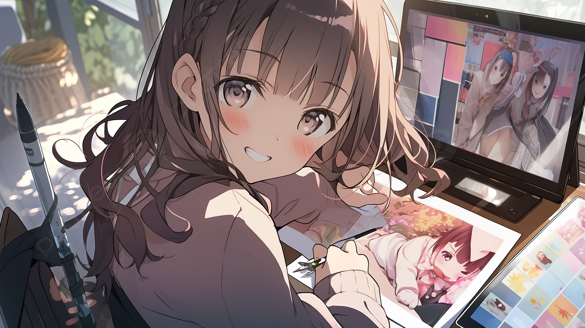 Anime Girl In An Art Studio By A Computer Background, How To Take Picture With My Laptop Background Image And Wallpaper for Free Download