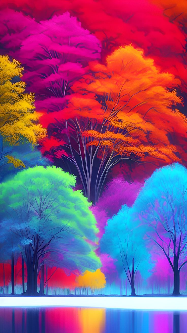 A Dense Multi Colored Forest Is Reflected In The Water With A Rainbow. Anime Scenery Wallpaper, Beautiful Wallpaper Background, Scenery Wallpaper