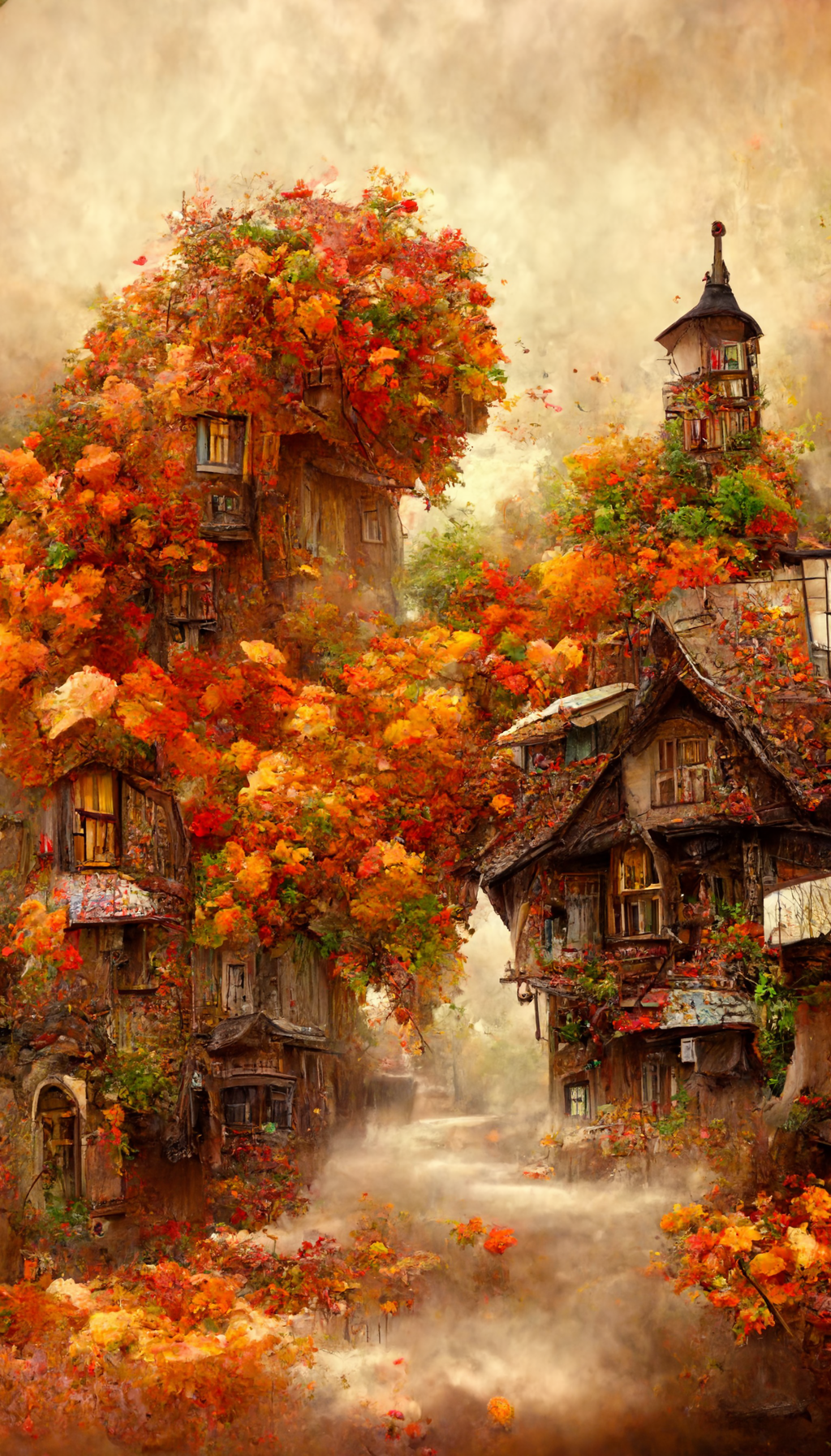 prompthunt: a whirlwind of autumn leaves in a cozy rustic fantasy town, HD