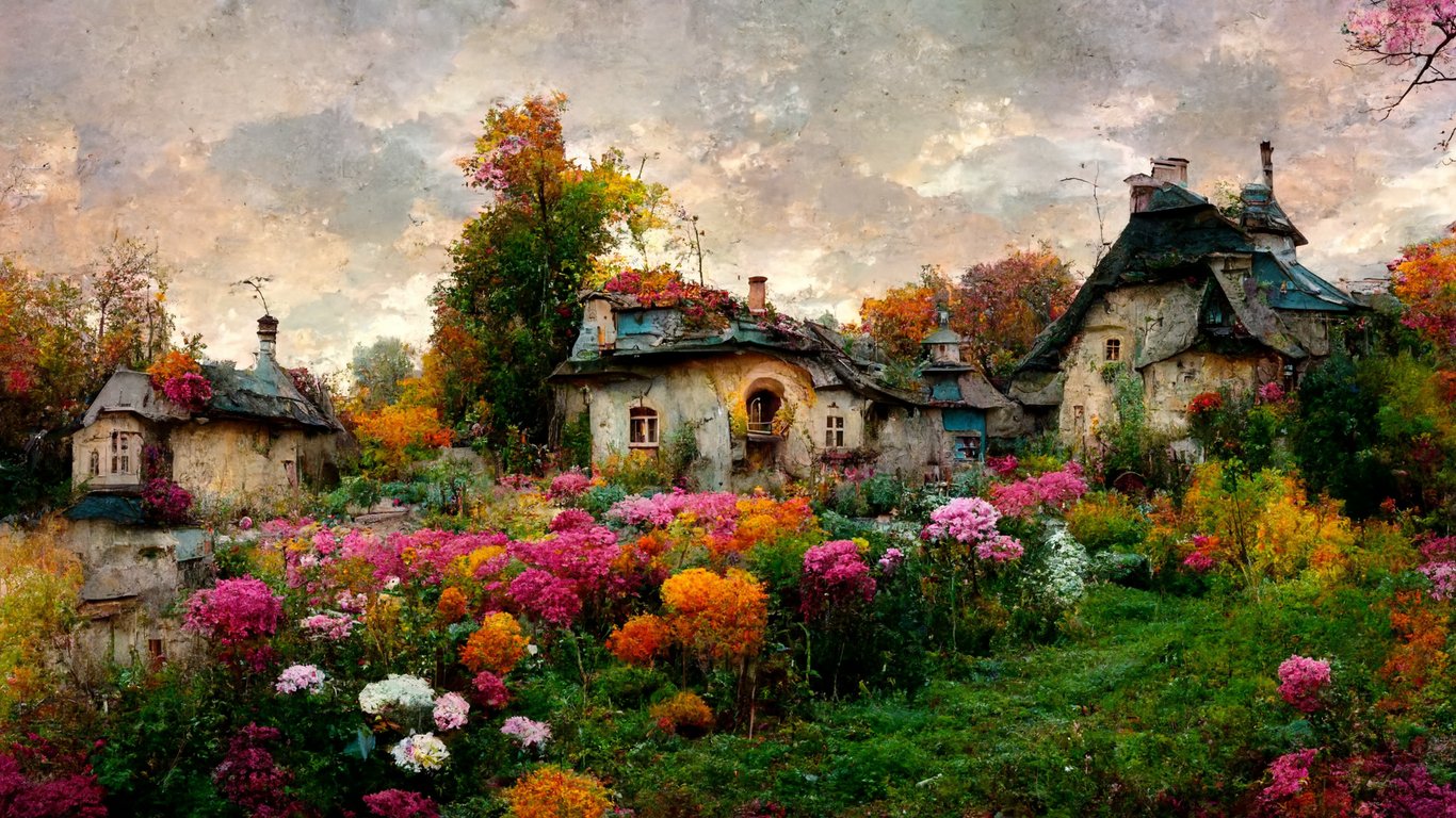 prompthunt: deep fantasy countryside village, idyllic atmosphere, stone cozy sweet pastel cottages, mute autumn color palette, barking dog behind the fence, floral gardens, Gregorian style, architectural photo, photorealistic, intricate maximalism