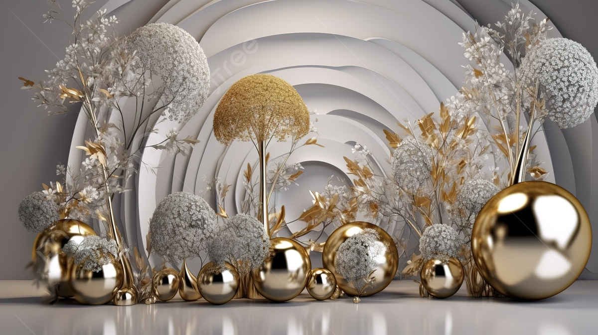 3D White Trees And Gold Balls Surrounds A Grey Backdrop Background, 3D Modern Canvas Art Wallpaper Golden And Silver Vase Circles And Golden Trees, HD Photography Photo Background Image And Wallpaper for