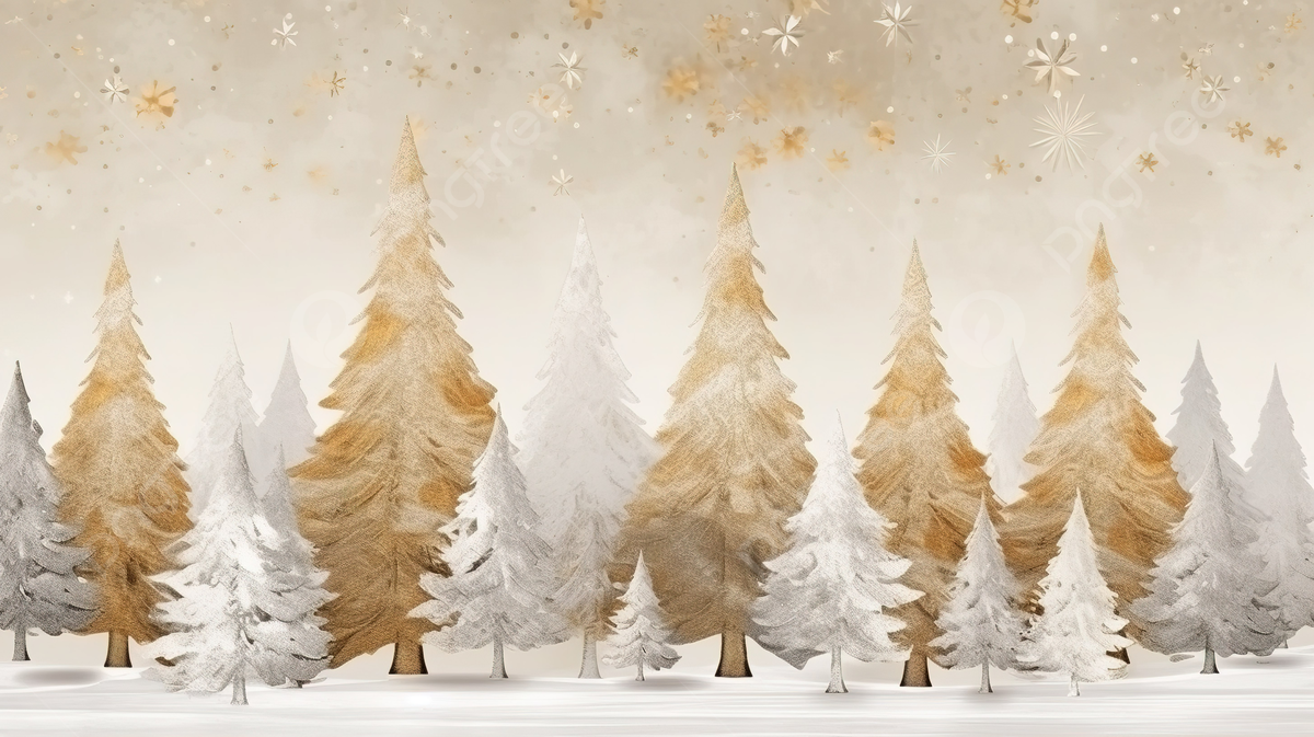 White And Gold Christmas Tree And Snow Background, 3D Modern Canvas Art Mural Landscape Wallpaper With Brown Christmas Trees And Marble Background, HD Photography Photo Background Image And Wallpaper for Free Download