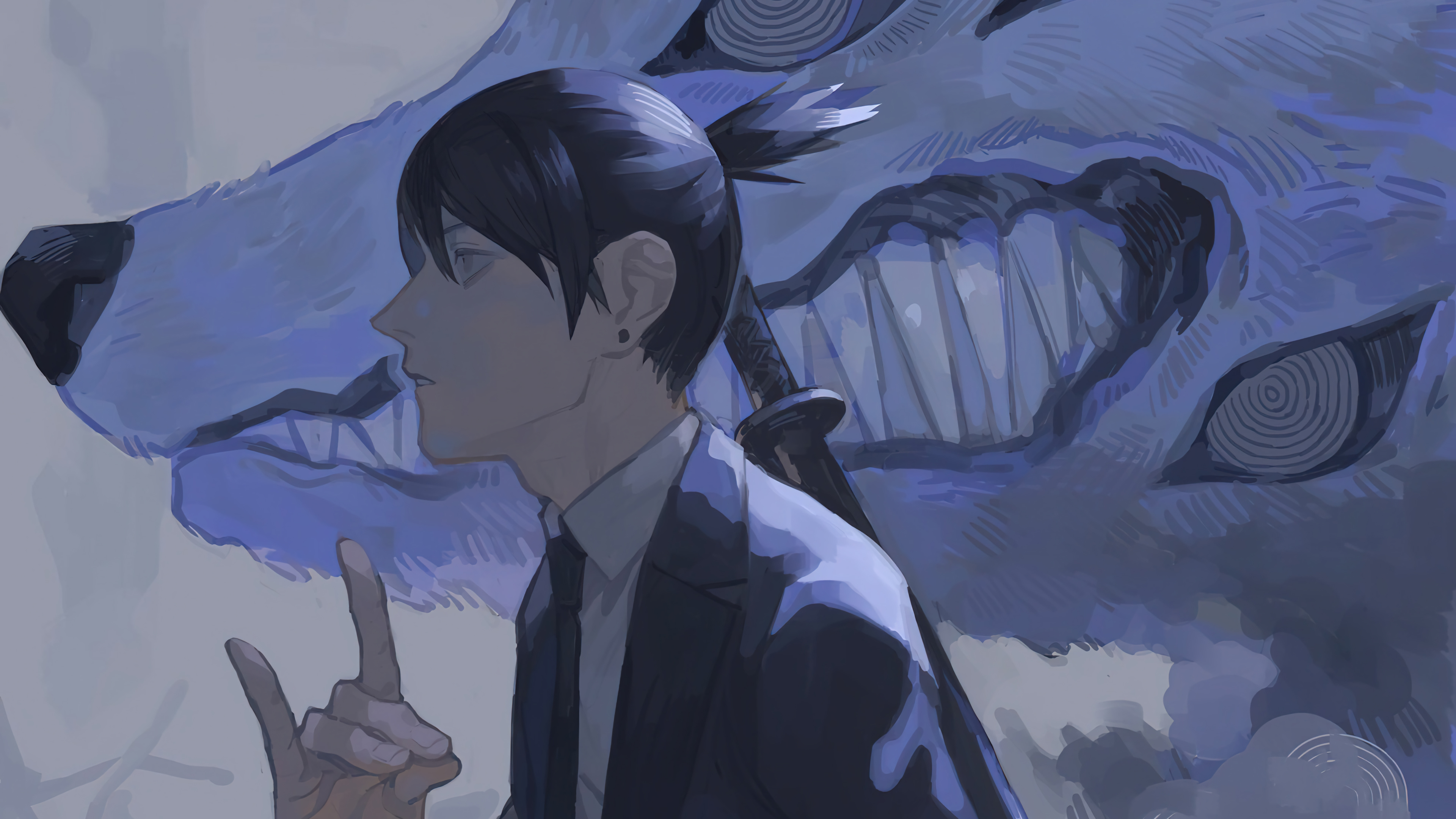 eyes, teeth, profile, Chainsaw Man, Aki (Chainsaw Man), Kon, katana, black hair, hand gesture, creature, anime boys, Fox Devil (Chainsaw Man)x2160 Wallpaper