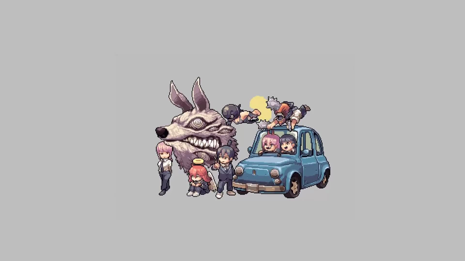 dark hair, pink hair, blonde, redhead, pixel art, Chainsaw Man, Denji (Chainsaw Man), chainsaws, explosion, Reze (Chainsaw Man), car, Kobeni (Chainsaw Man), Power (Chainsaw Man), horns, Aki (Chainsaw Man), Angel Devil, nimbus