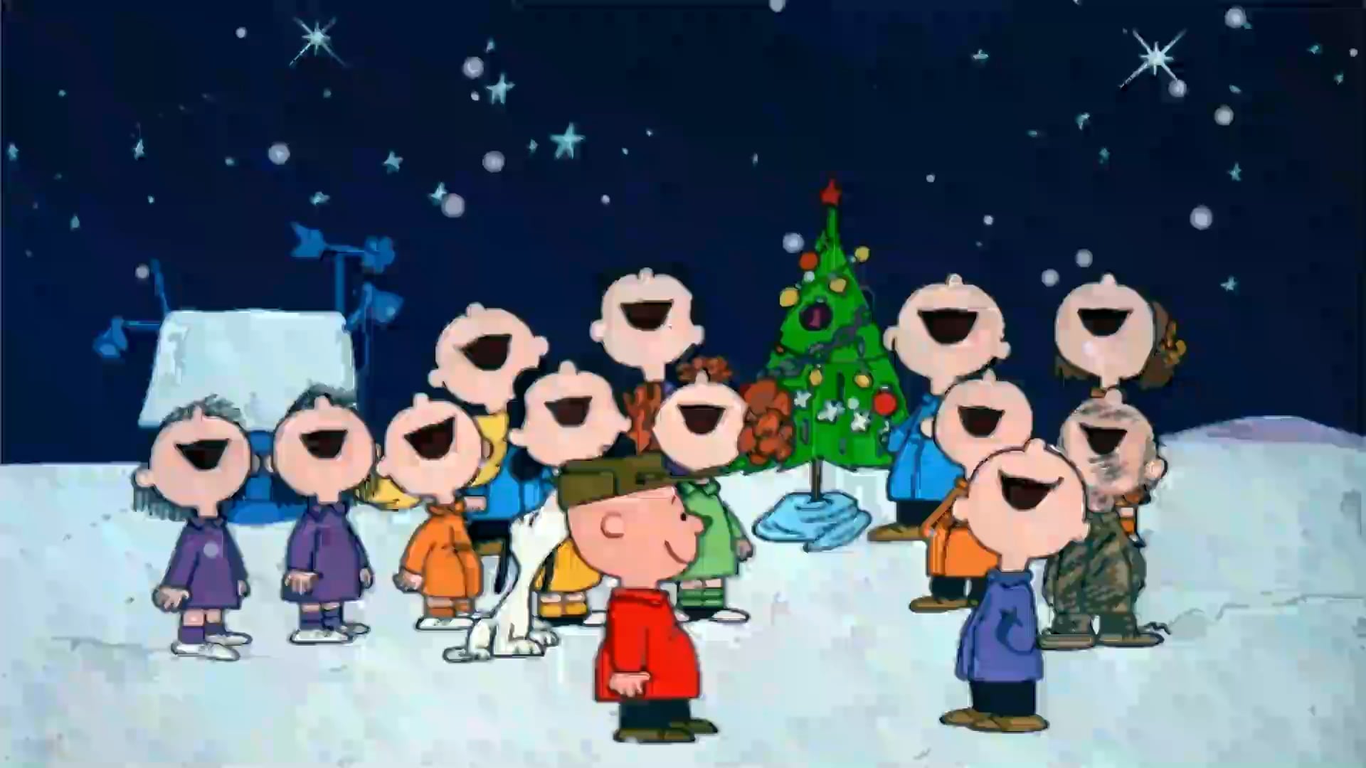 Charlie Brown Christmas background with animated snow and stars. Download link in the comments
