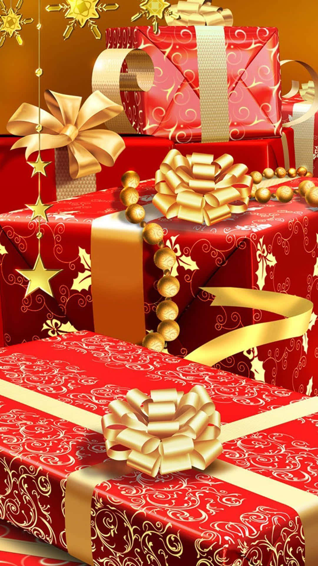 Download Gold Red Christmas Gifts Phone Picture