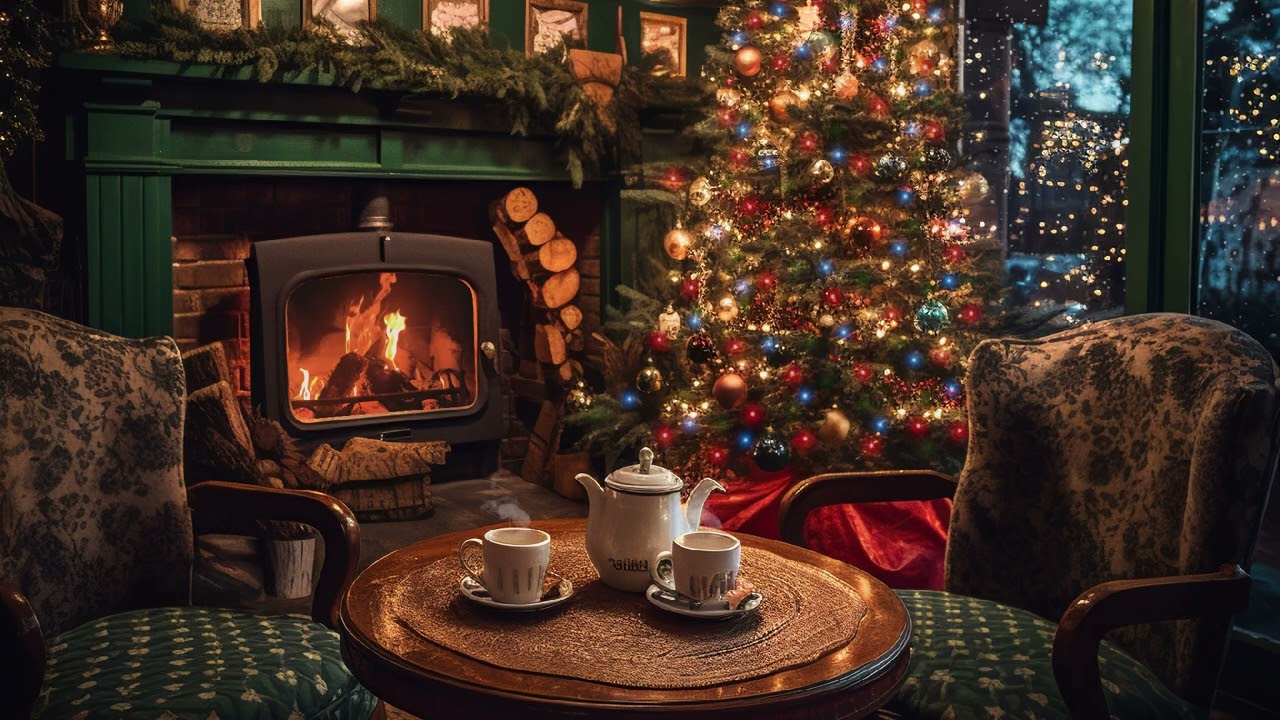 Cozy living room Ambience with Fireplace, pine tree