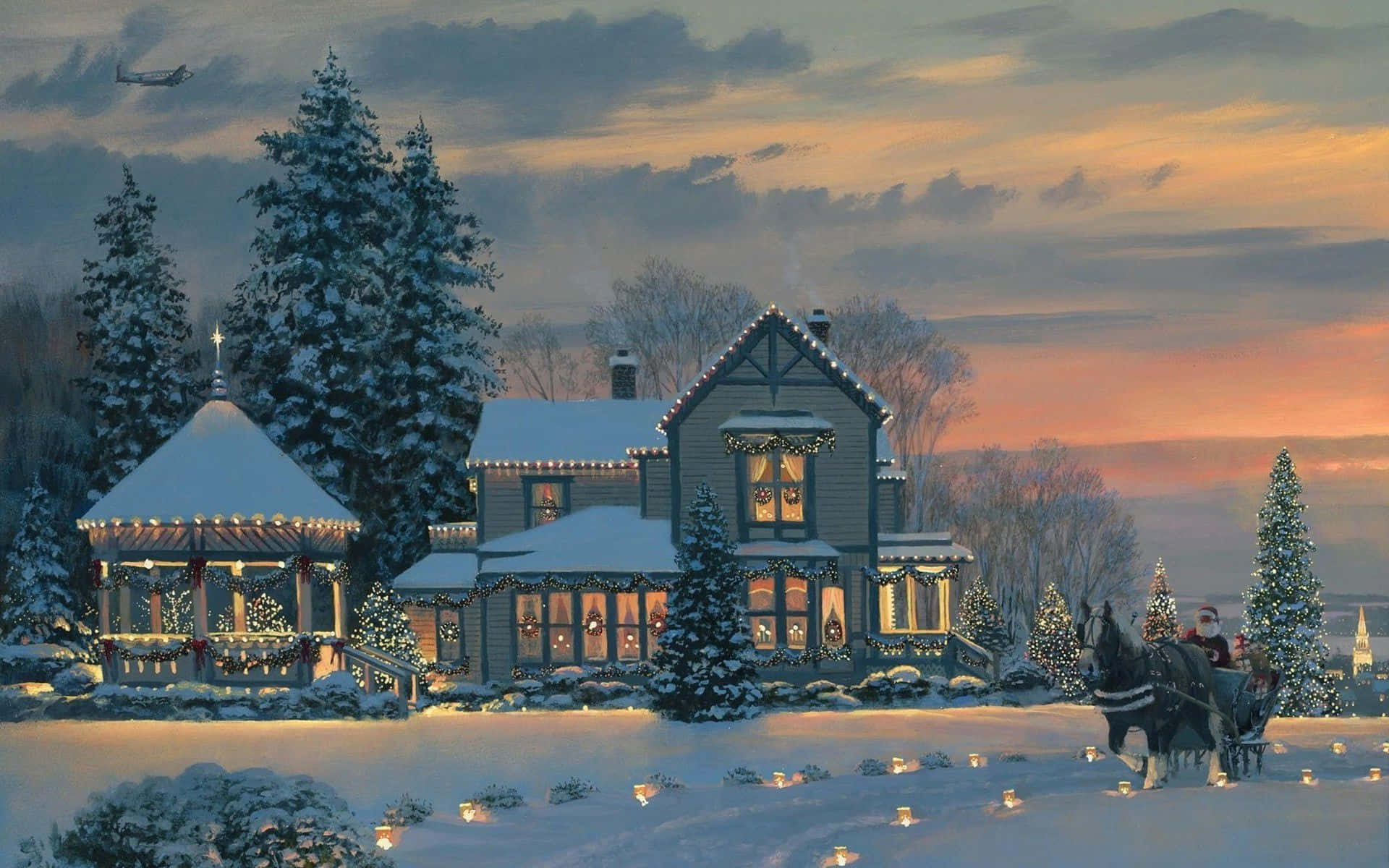 Download Magical Christmas Snowfall on a Cozy Desktop Wallpaper