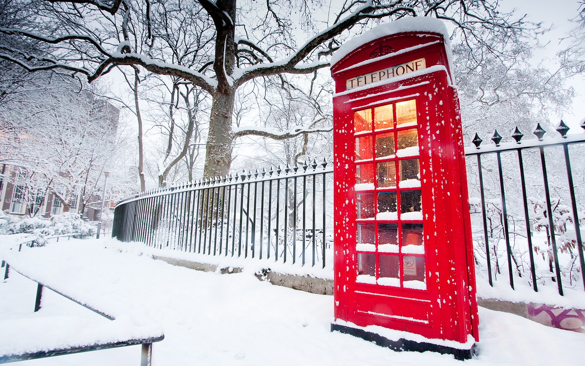 Snow cityscapes red England phone booth English Telephone Booth wallpaperx1200