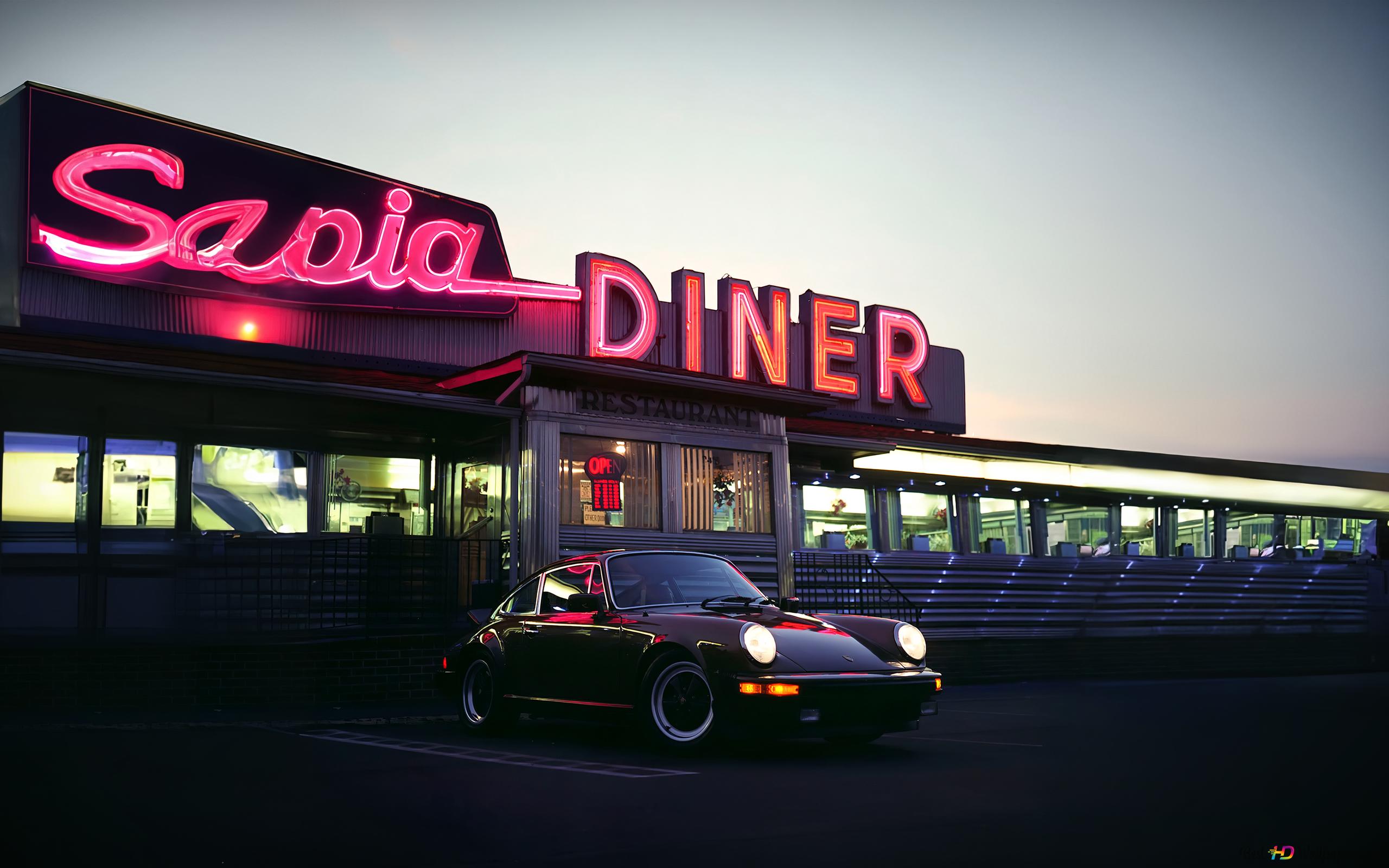 Black Porsche park in a retro Diner 4K wallpaper download