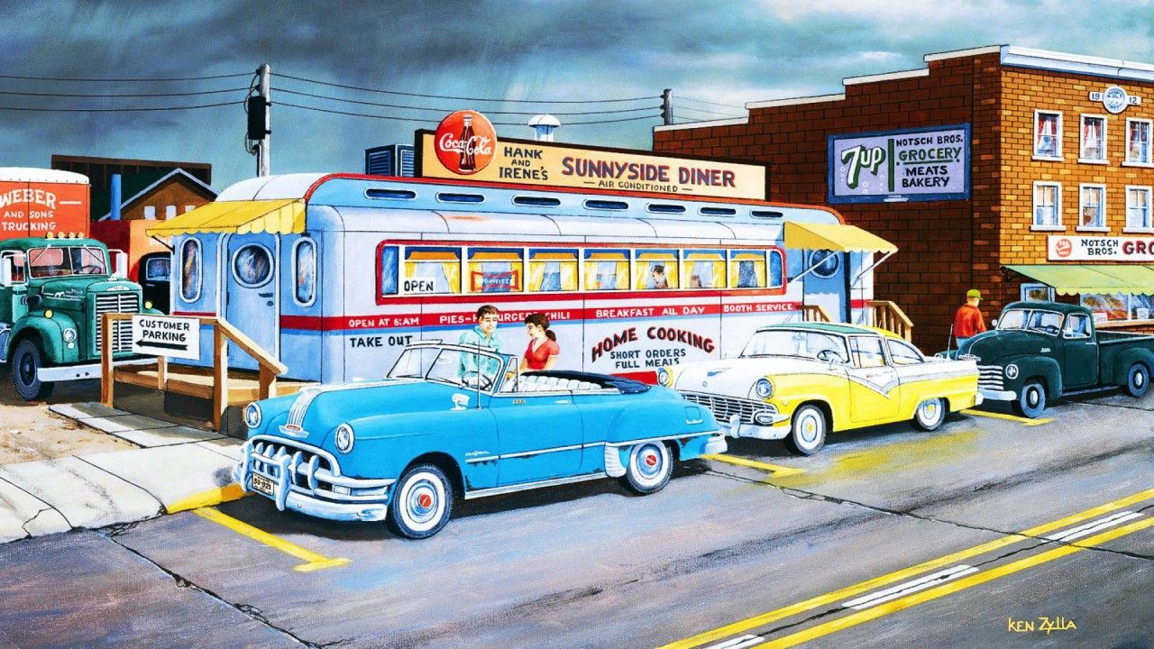 Cars People Street Diner Retro wallpaper. Retro wallpaper, Wallpaper, Aesthetic desktop wallpaper