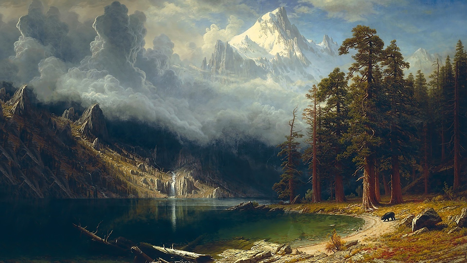 Nature landscape painting artwork trees forest clouds Albert Bierstadt Sierra Nevada wallpaperx1080