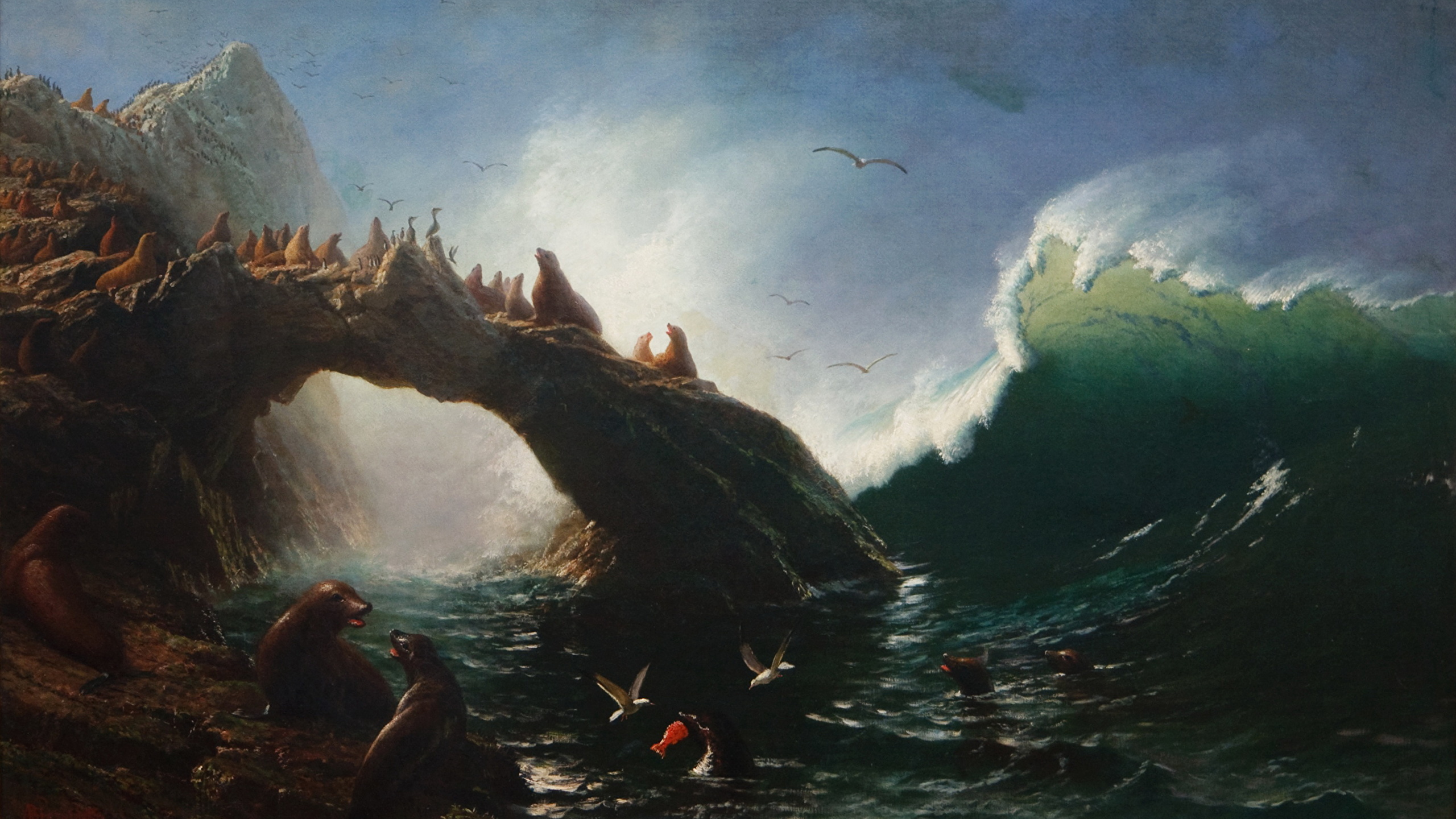 Wallpaper Seals Albert Bierstadt, Farallon Island Waves 2560x1440