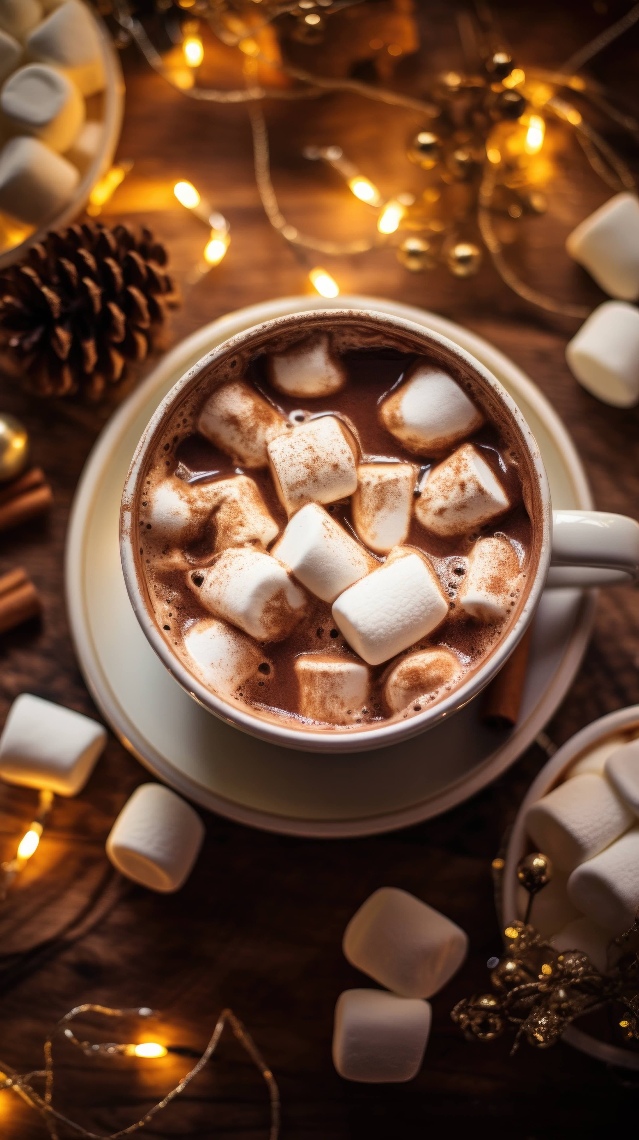 A steaming mug of hot chocolate topped with fluffy marshmallows and cinnamon sits on a festive holiday tablecloth, tantalizing the senses