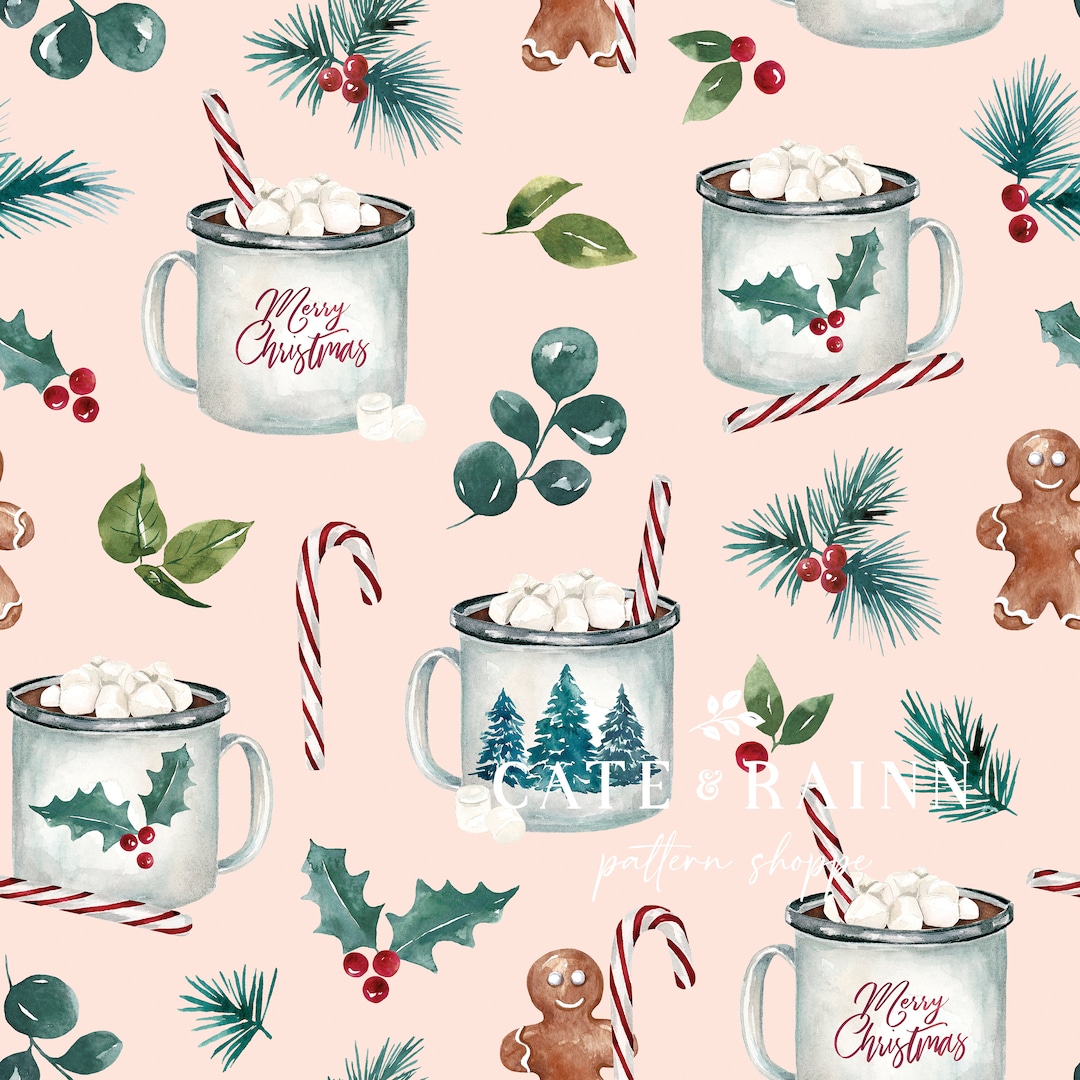 Hot Cocoa Pink Christmas Seamless Pattern Watercolor
