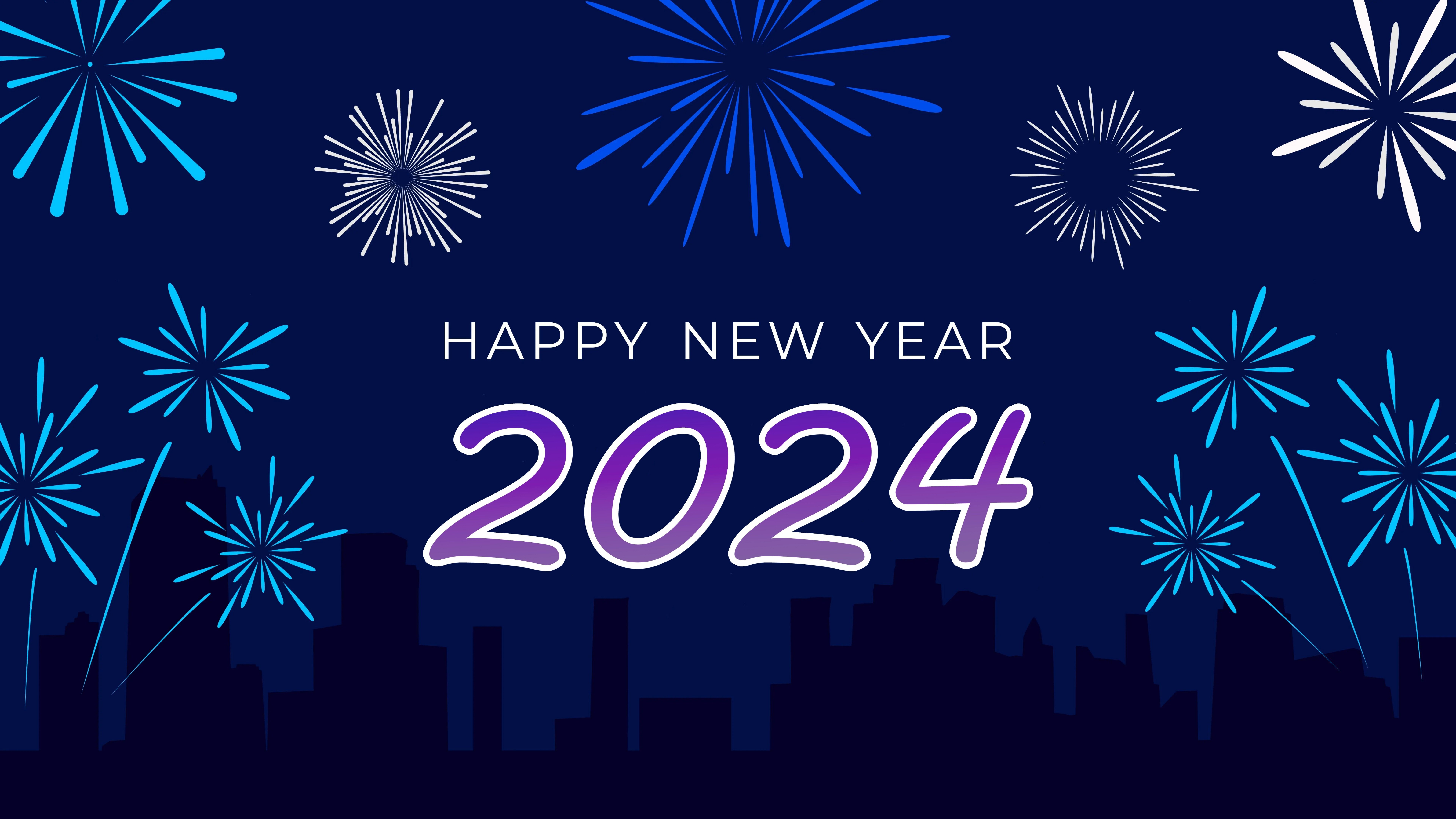 2024 Happy New Year fireworks on blue background