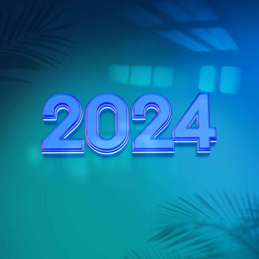 A blue and green new year wallpaper with a palm tree photo