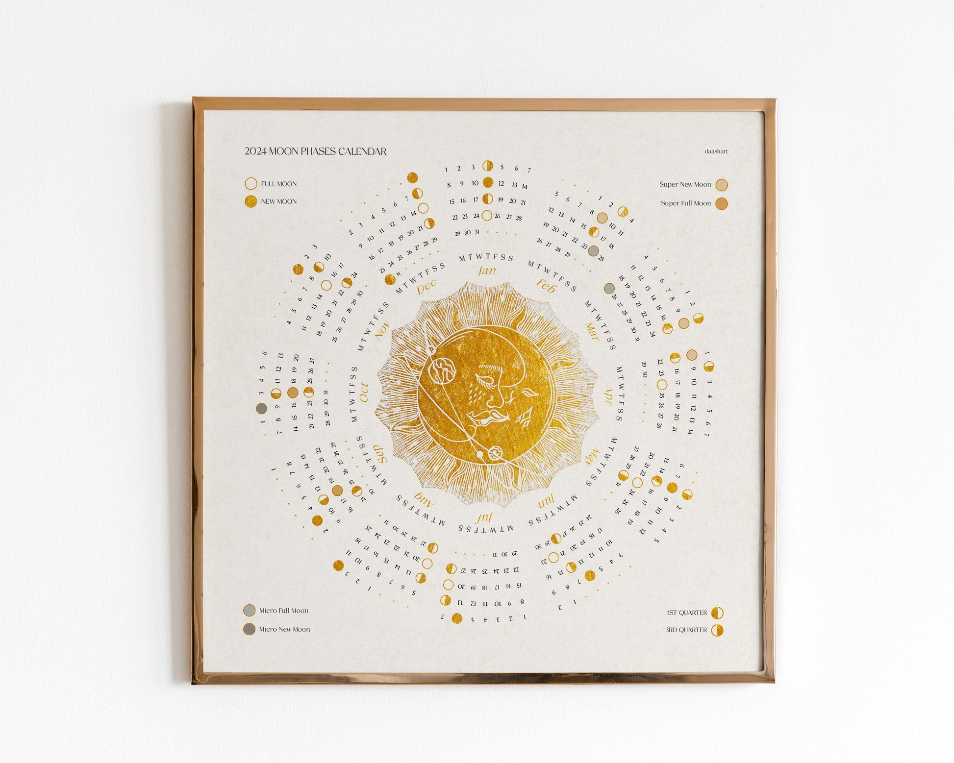 European charts Printable 2024 lunar calendar Gold kiss of the moon and sun + Desktop wallpaper, poster, iPad