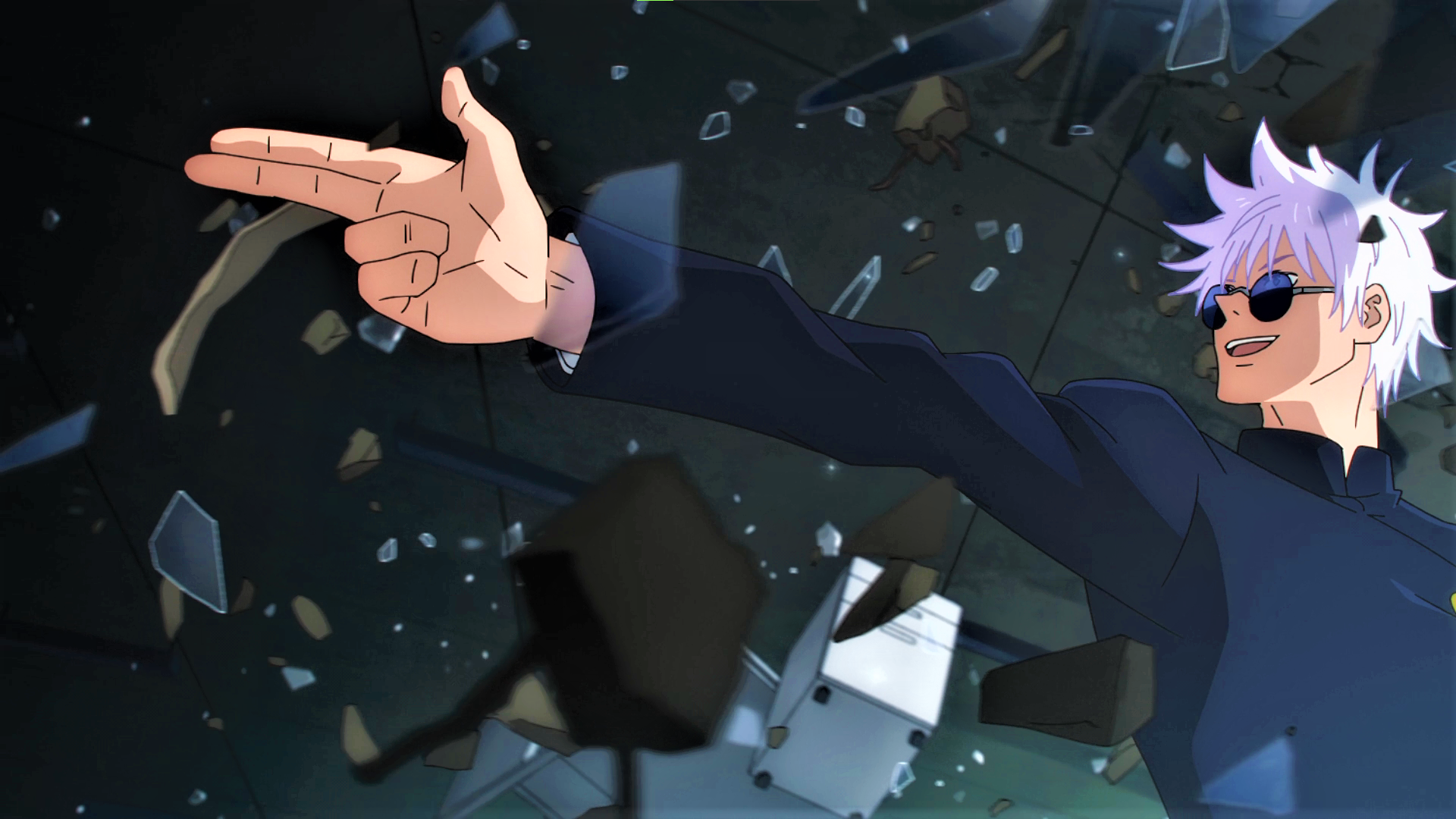 white hair, hands, smiling, Jujutsu Kaisen, Satoru Gojo, glasses, uniform, anime, Anime screenshot, anime boys, glass, broken glass, finger gunx1080 Wallpaper