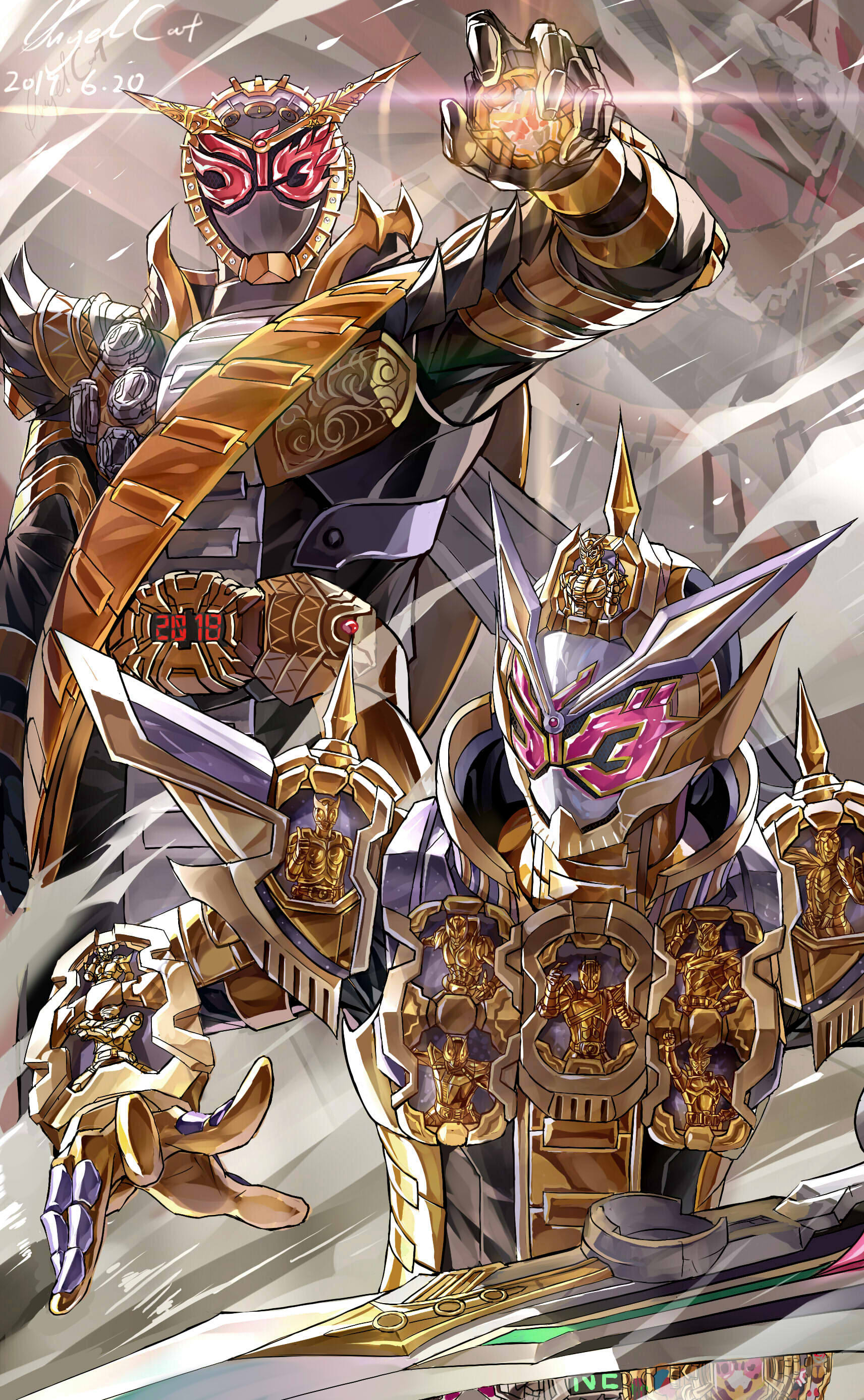 kamen rider kuuga, kamen rider double, kamen rider decade, kamen rider ooo, kamen rider faiz, and 17 more (kamen rider and 21 more) drawn by feimao_(angelcat)