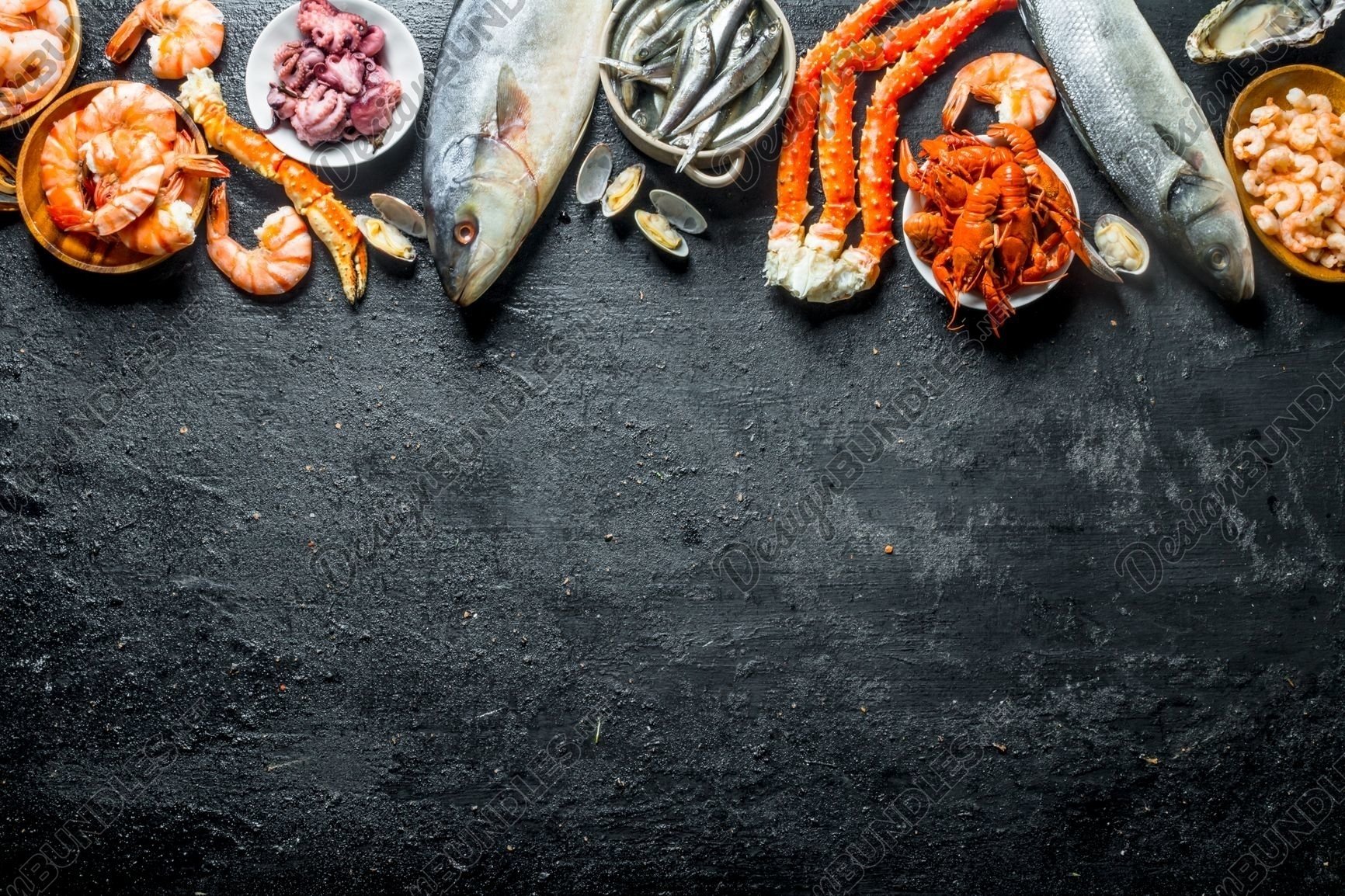 photo Seafood background. Variety of fresh seafood