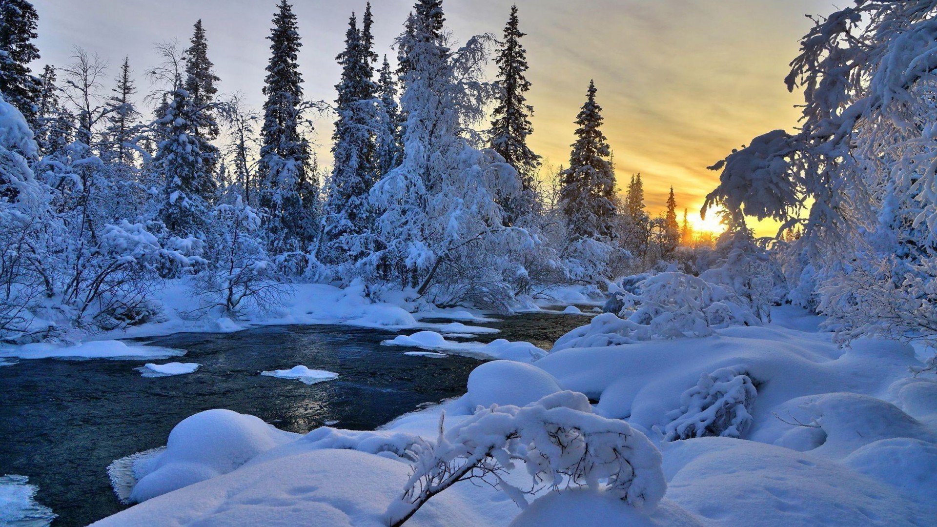 Winter River Nature Trees Landscape HD Wallpaper For Your XFCE Desktop