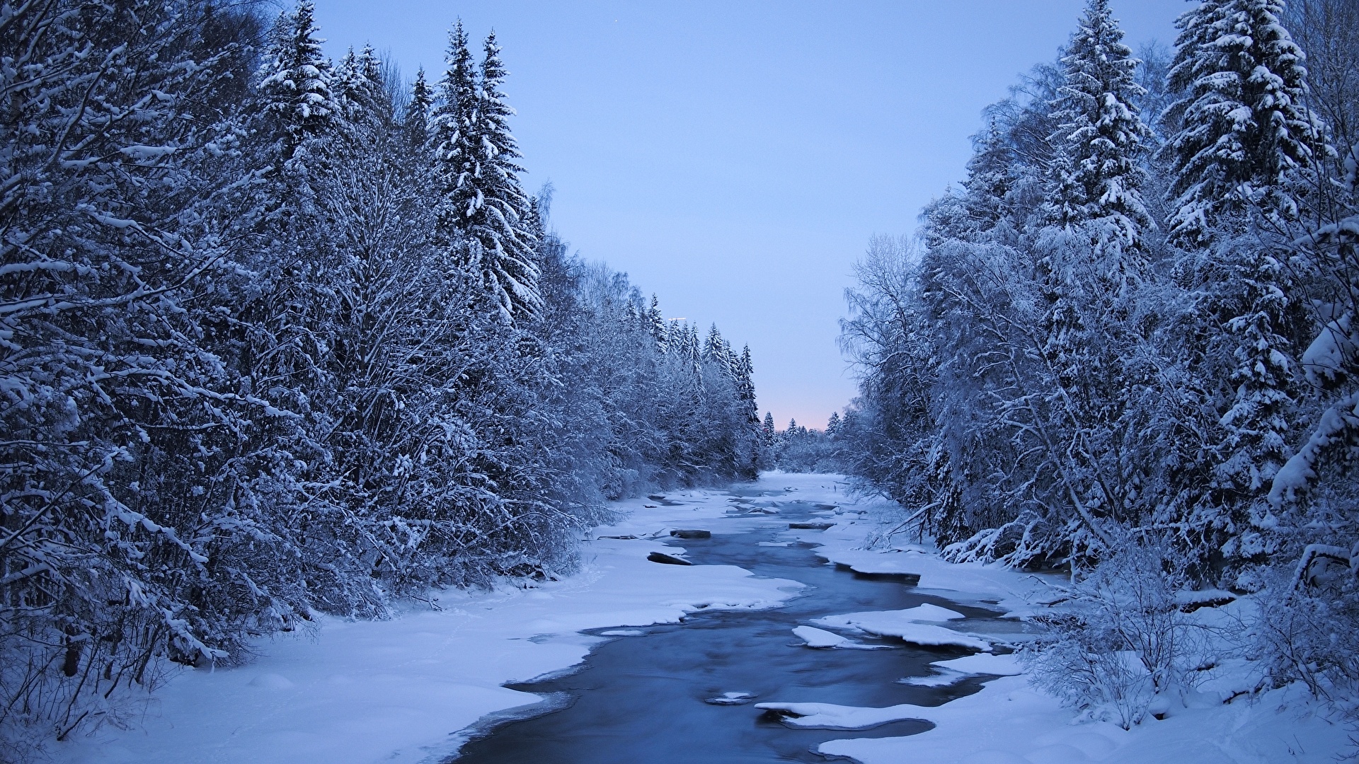 Picture Finland Winter Nature Snow Forests Rivers Trees 1920x1080