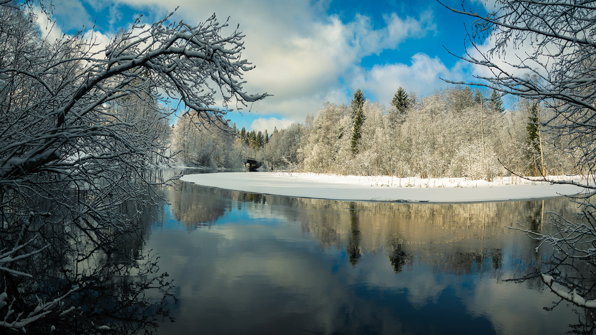 Photo Finland Karkkila Winter Nature Forests Rivers 1920x1080