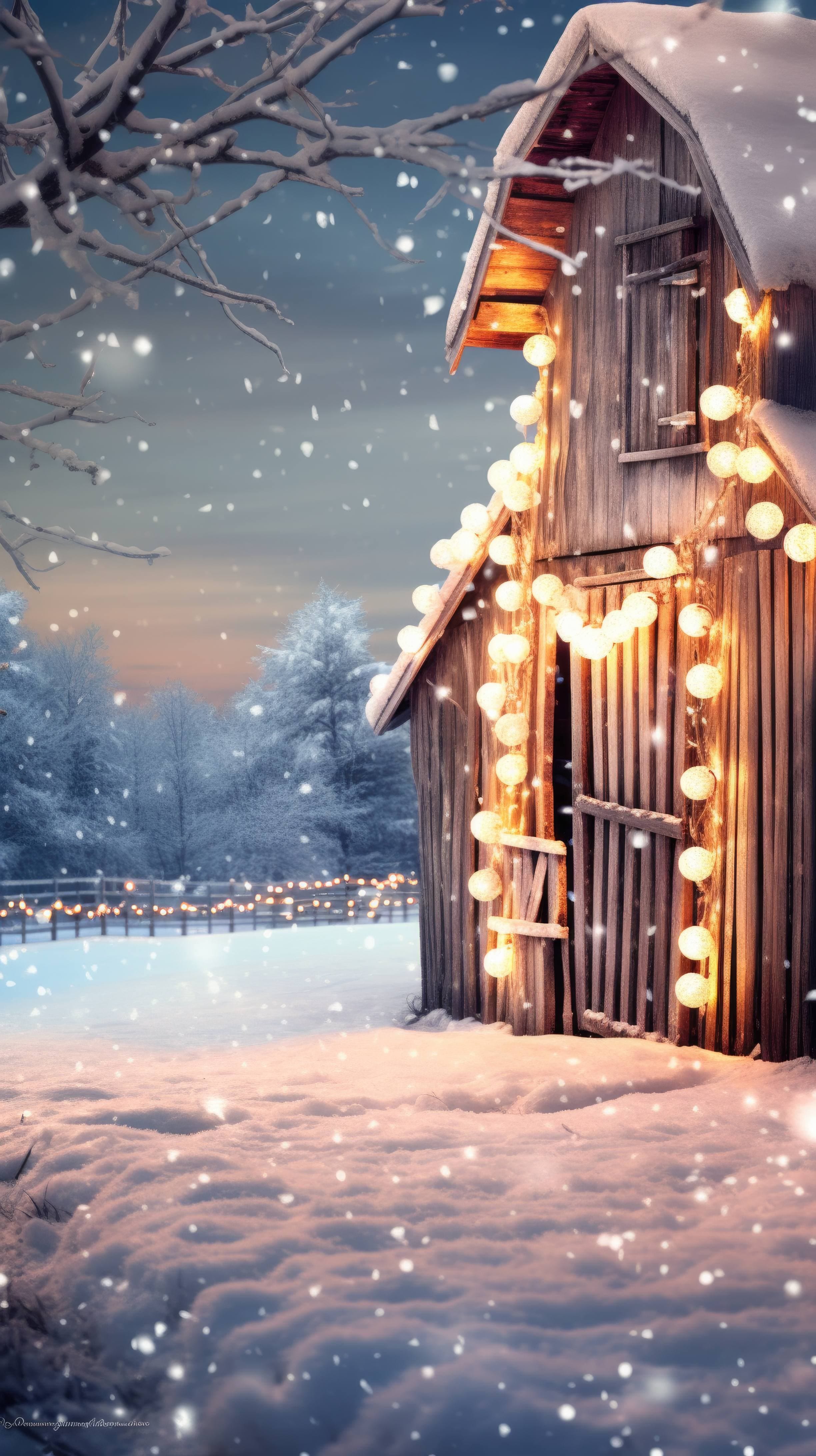 A mobile wallpaper of a snowy barn with lights