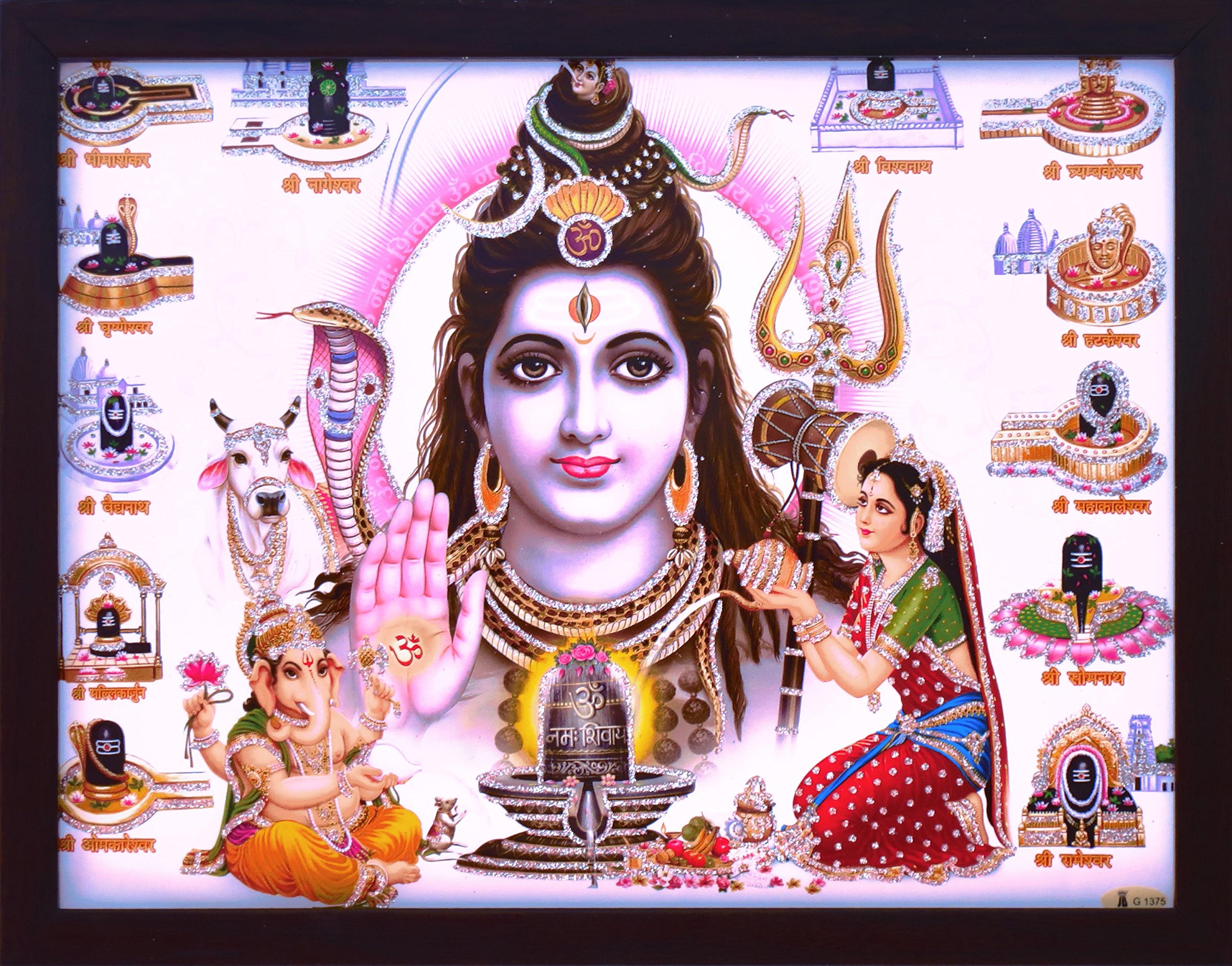 Shiva with with 12 Jyotirlinga and Ganesha and parvati worshiping him, A Hindu Religious poster with framing, must for every home for auspicious and peace & Religious Shiva with with 12