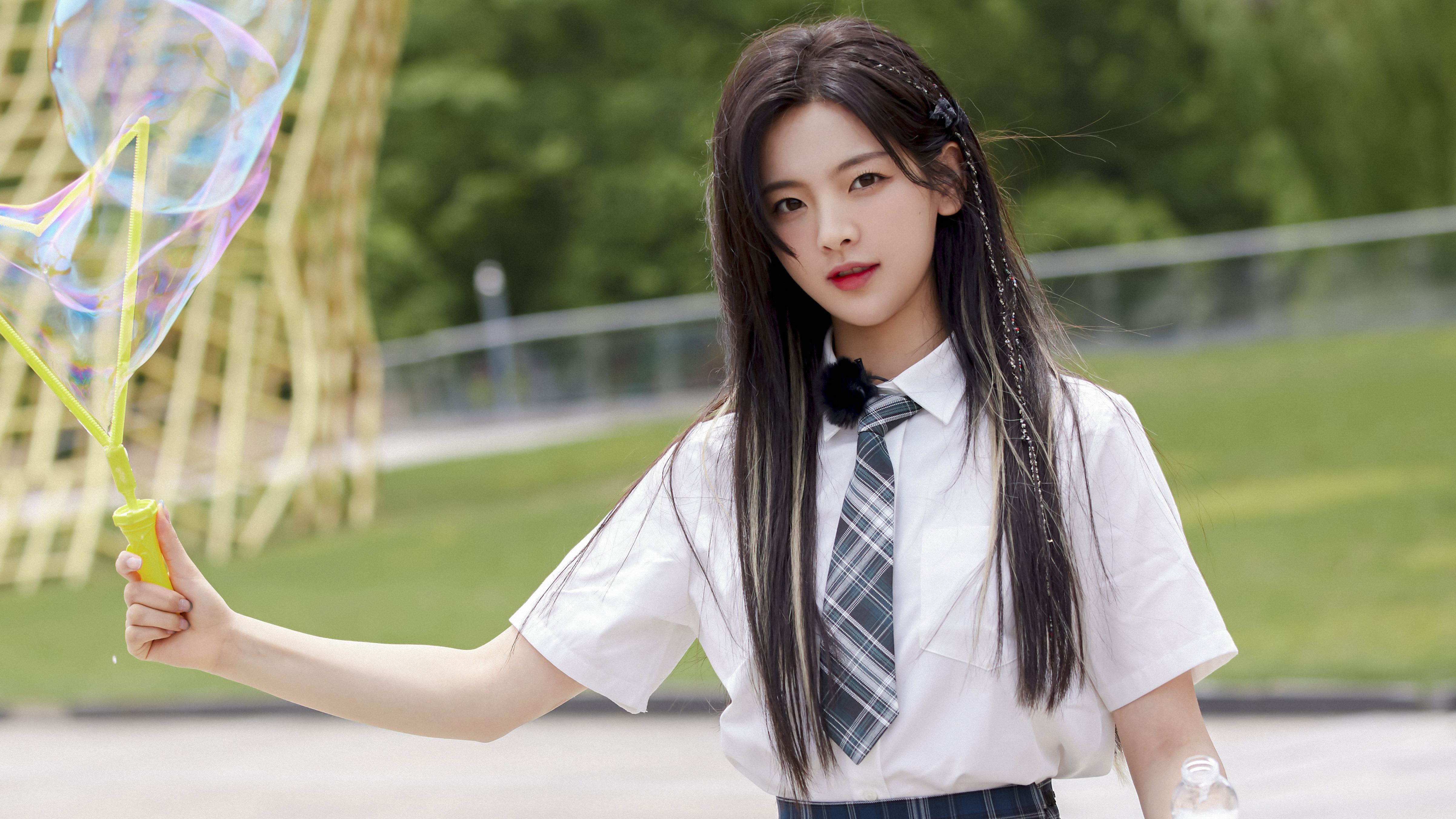 Asian, women, model, women outdoors, face, schoolgirl, Yang Chaoyue, actress, brunette, looking at viewer, long hair, parted lips, Chinese, school uniform, tie, red lipstick, bubbles, depth of fieldx2704 Wallpaper