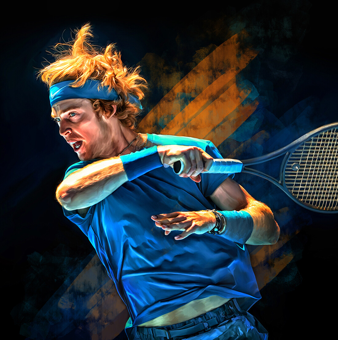 Andrey Rublev at Australian Open 2021. Digital artwork print poster. Tennis fan art gift