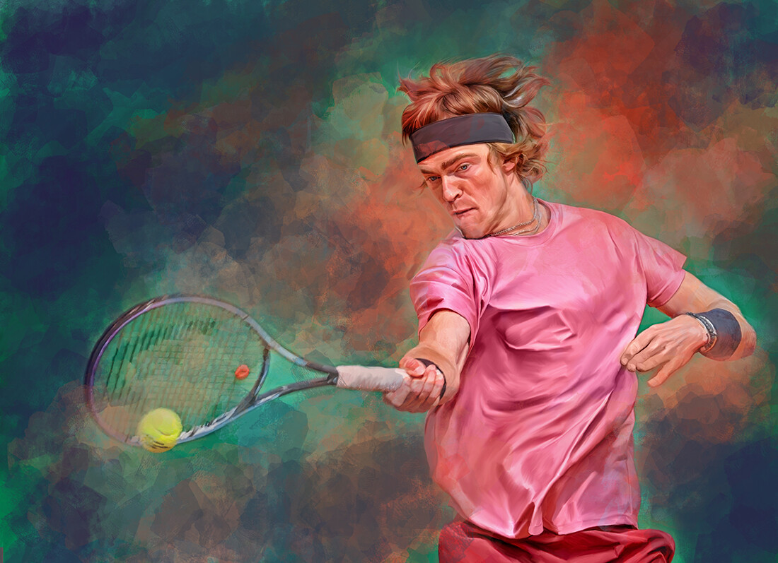 Andrey Rublev at Monte Carlo 2021. Digital artwork print poster. Tennis fan art gift