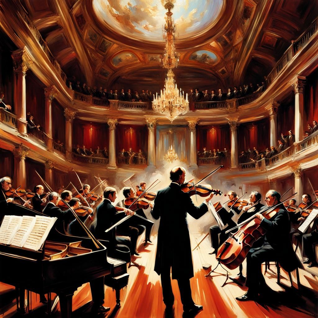 full orchestra playing on an elegant stage, music notations floaring in air, by John Singer Sargent hyperdetailed, dark academia, poster art