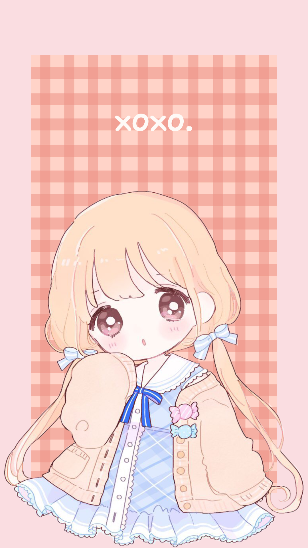 Chibi Kawaii Anime Girl On Pastel Red Orange Pink Background. Customizable Phone Wallpaper [1080x1920]
