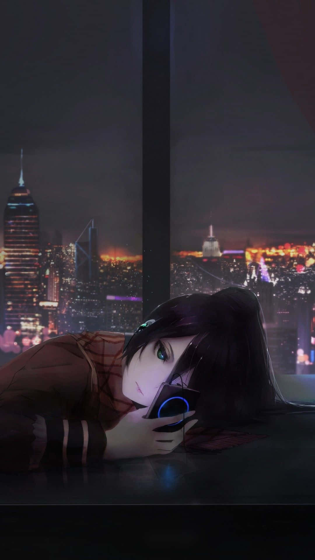 Download Sad Aesthetic Anime Girl Looks Into Phone Wallpaper