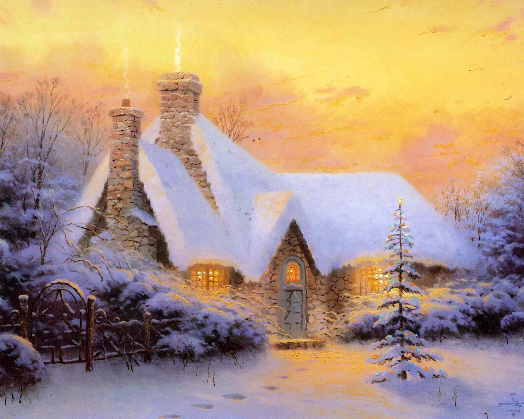 Wallpaper Thomas Kinkade christmas tree cottage Pictorial art