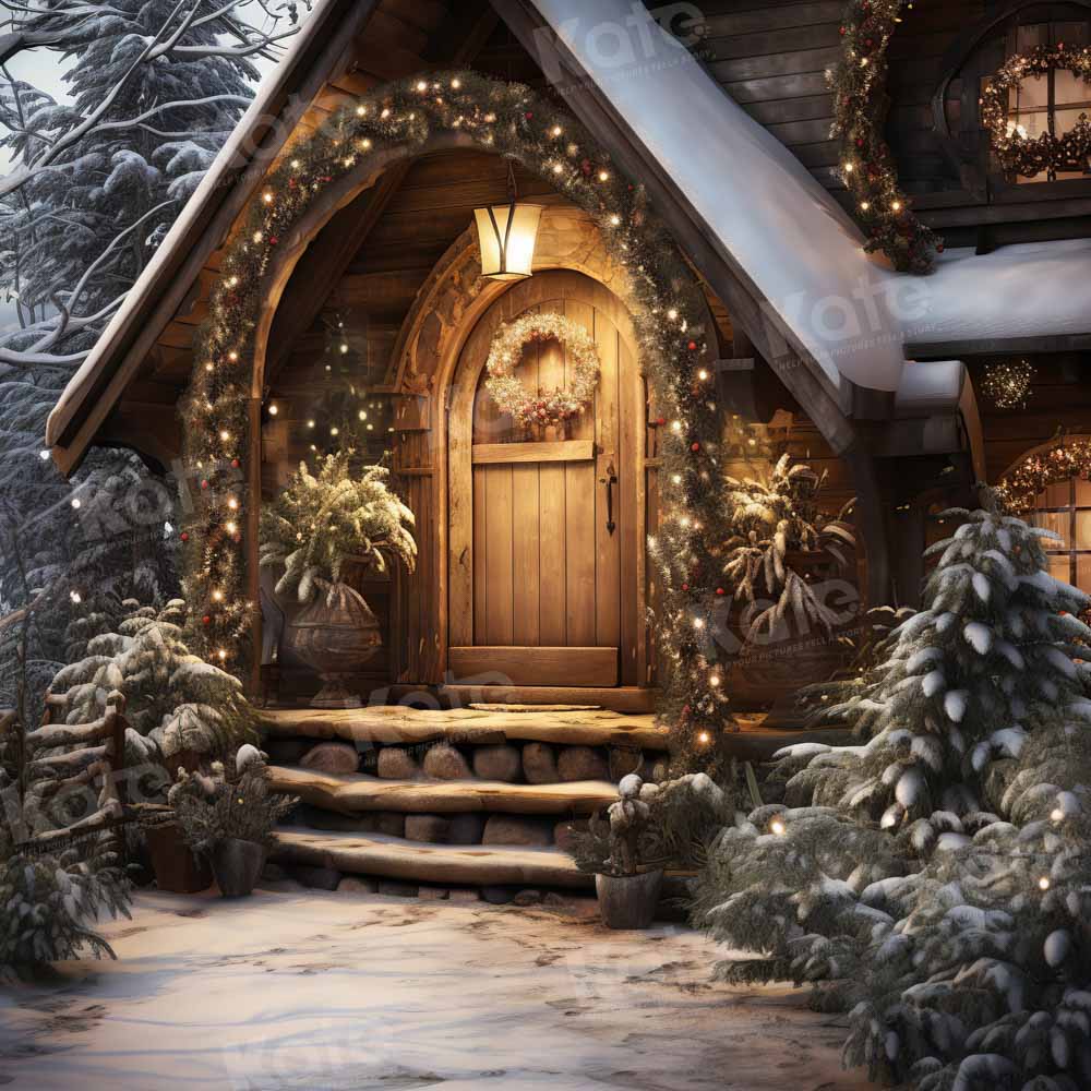 Kate Christmas Wooden House with Snow Backdrop Designed