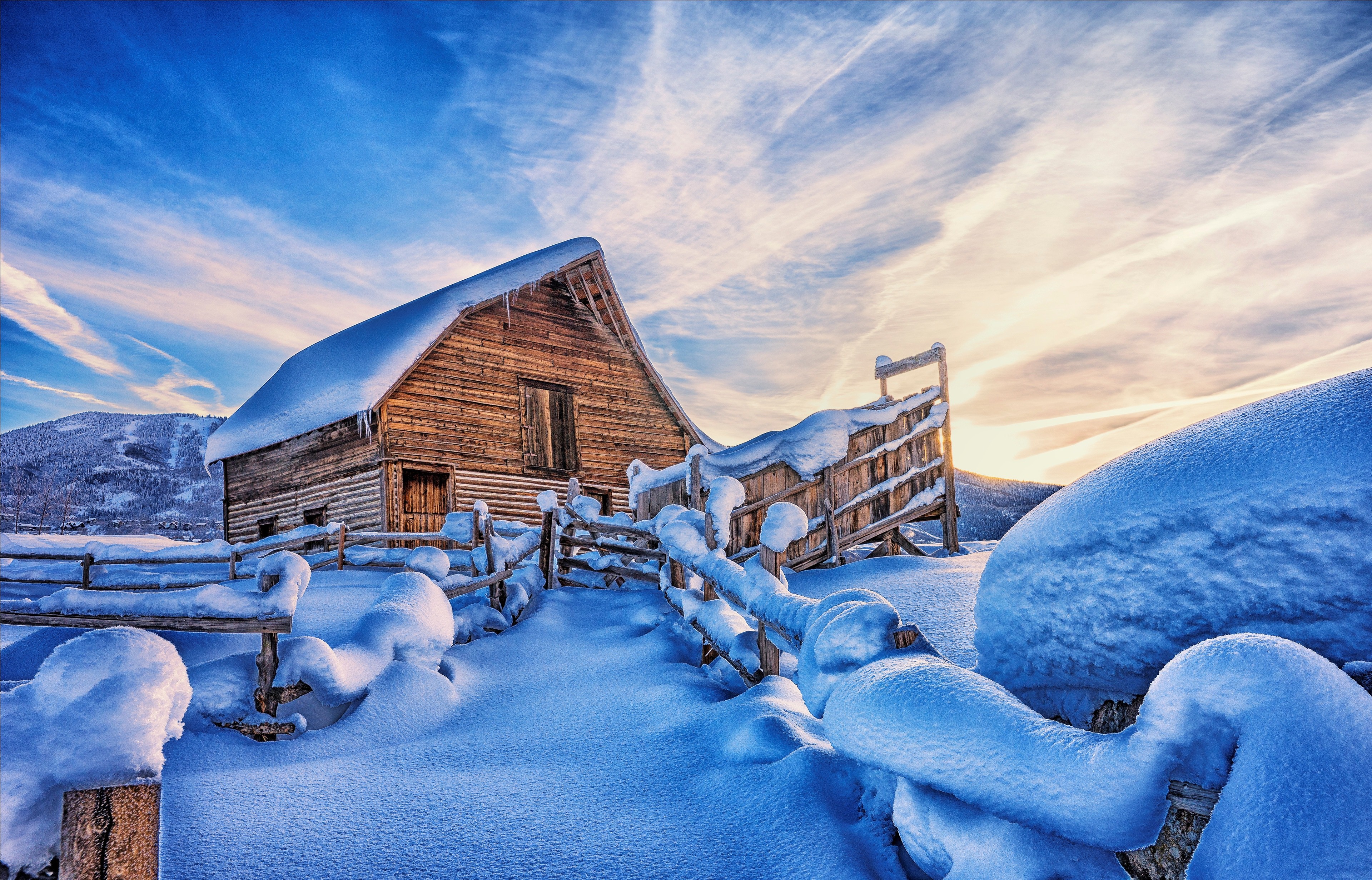 Winter Cabin in Snowy Mountains