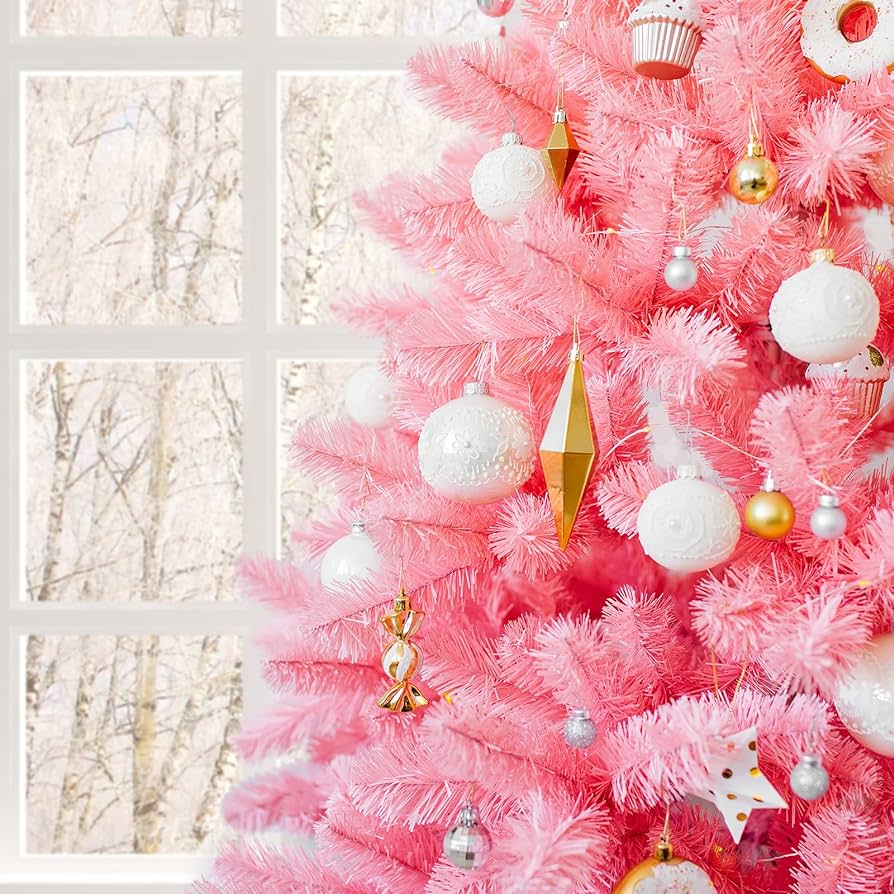 Karl home 7FT Premium Pink Artificial Christmas Tree Decorations for Home, Office, Party Holiday, 1400 PVC Branch Christmas Tree with Metal Hinges & Foldable Metal Base, Home & Kitchen