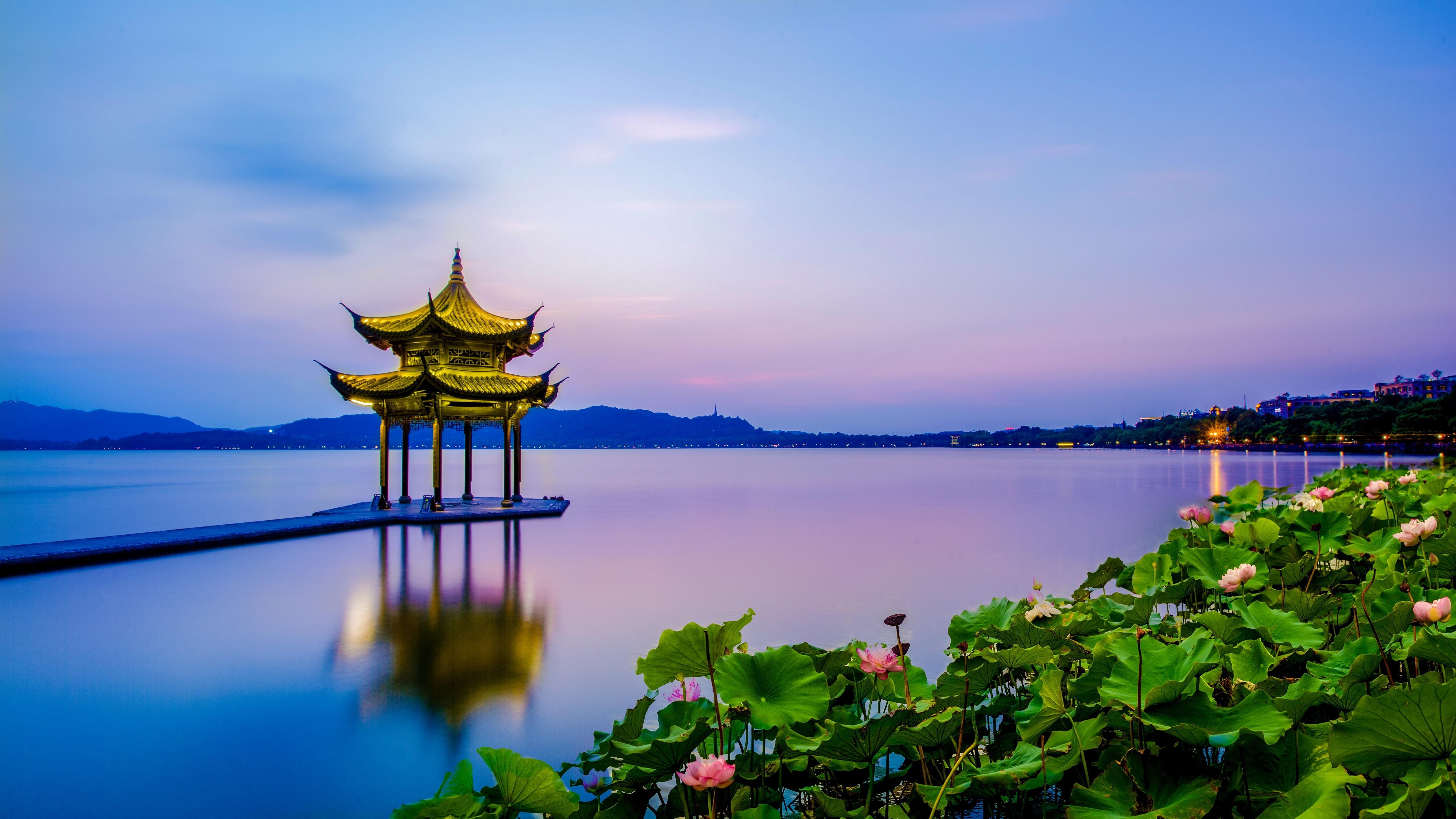 5k uhd #asia #zhejiang #hangzhou #xihu west lake chinese pavilion tourist attraction #plant #tree #evening #china #la. Cool landscapes, Hangzhou, Chinese pavilion