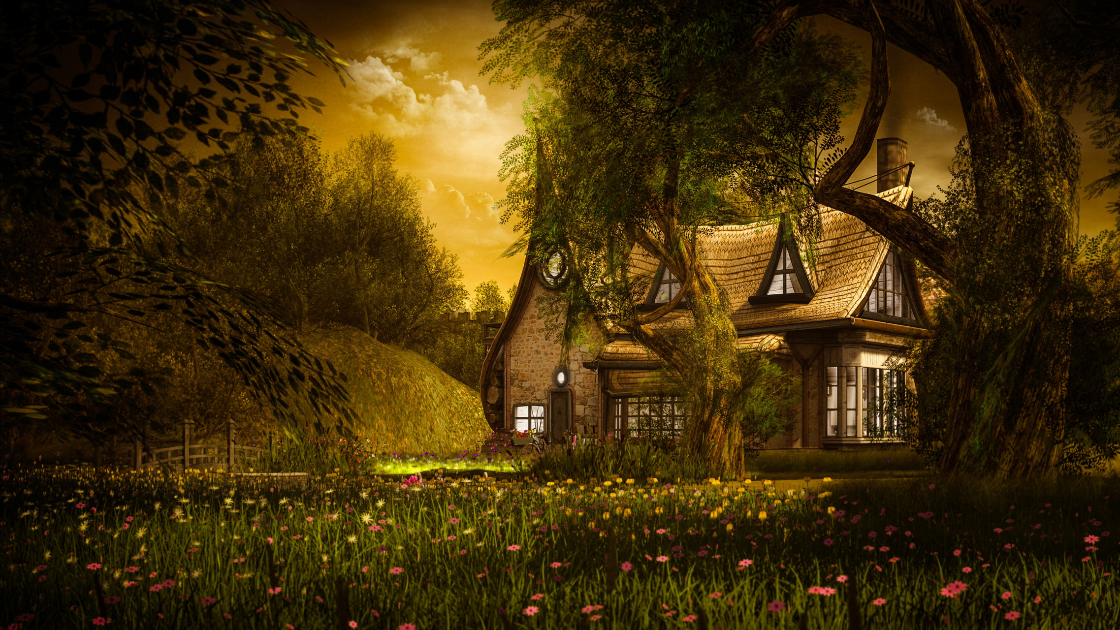 Flower Cottage Fantasy House HD Wallpaper