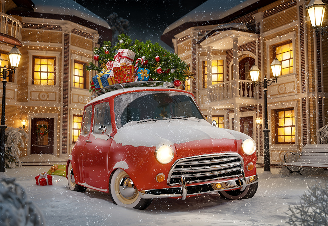 Desktop Wallpaper New year Snow Gifts Night automobile Street